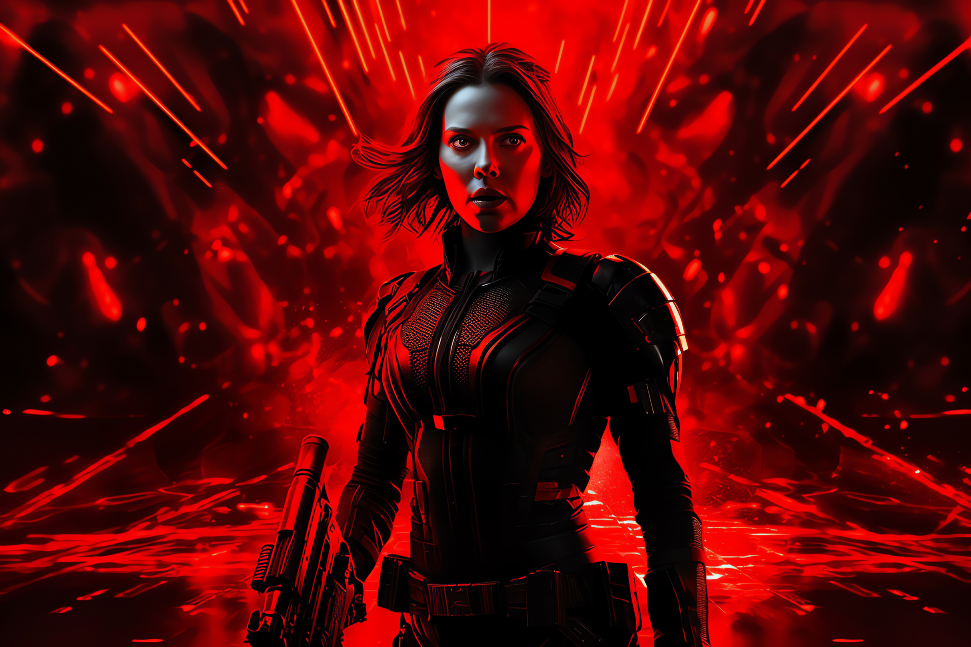 Scarlett Johansson, Intense heroine, Black Widow portrait, Marvel films, Empowered stance, HD Desktop Image