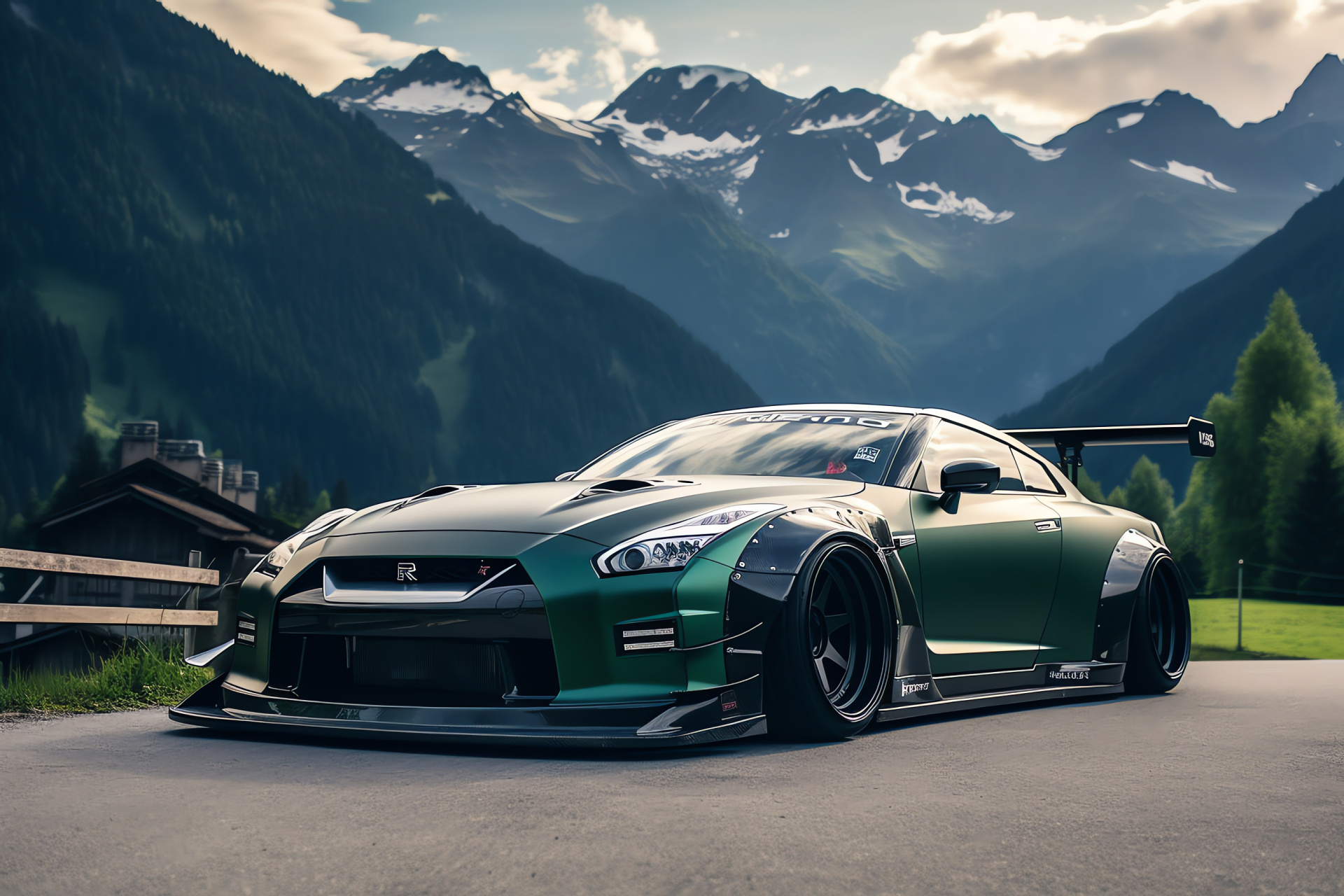 Nissan GTR Liberty Walk, Swiss Alps roads, Wide-body kit styling, Snowy peaks landscape, Alpine greenery, HD Desktop Image