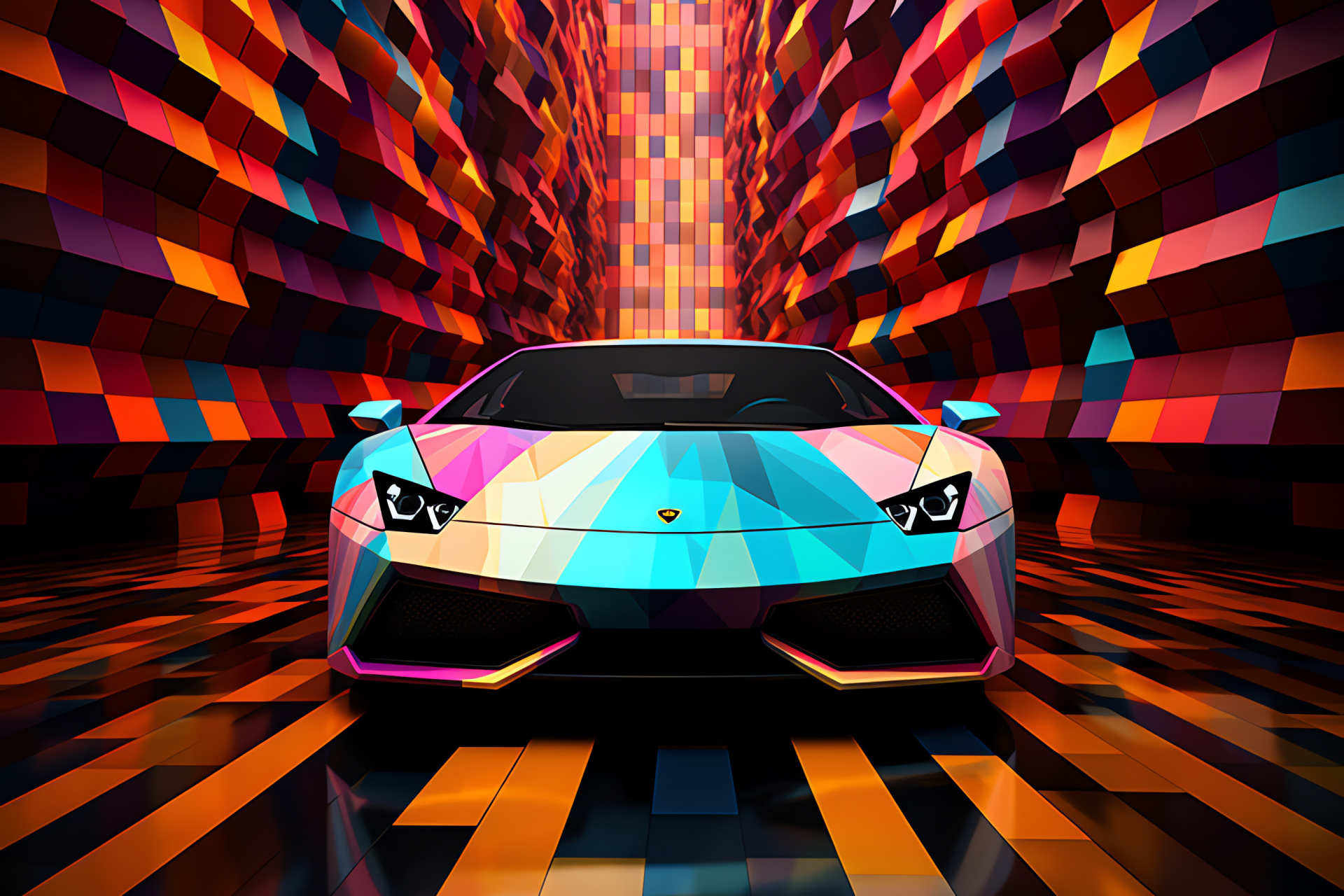 Murcielago abstract art, geometric pattern background, tricolor Lamborghini, dynamic auto posture, performance car, HD Desktop Image