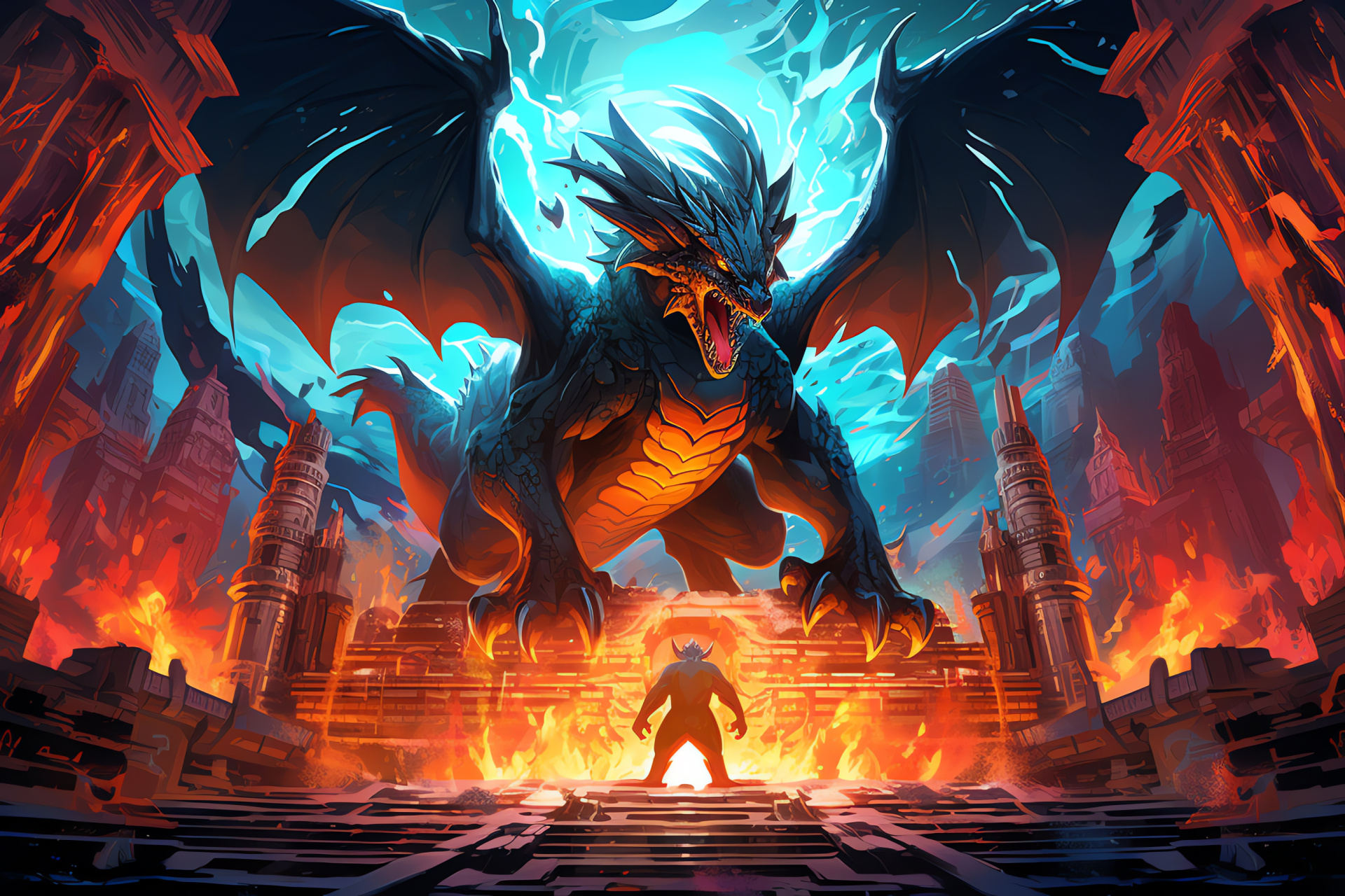 Aztec Temple, Ancient backdrop, Charizard Mega form, Regal posture, Gaming setting, HD Desktop Image