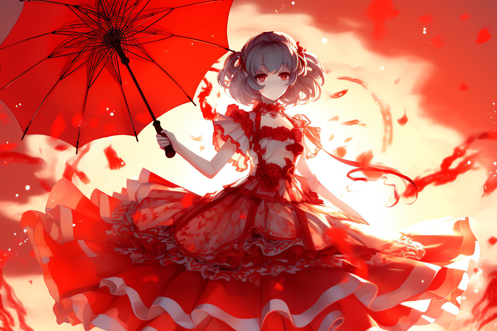 Remilia Scarlet Touhou, Vampiric attire theme, Scarlet and onyx outfit, Vampire mistress gaze, Genteel sunshade, HD Desktop Image