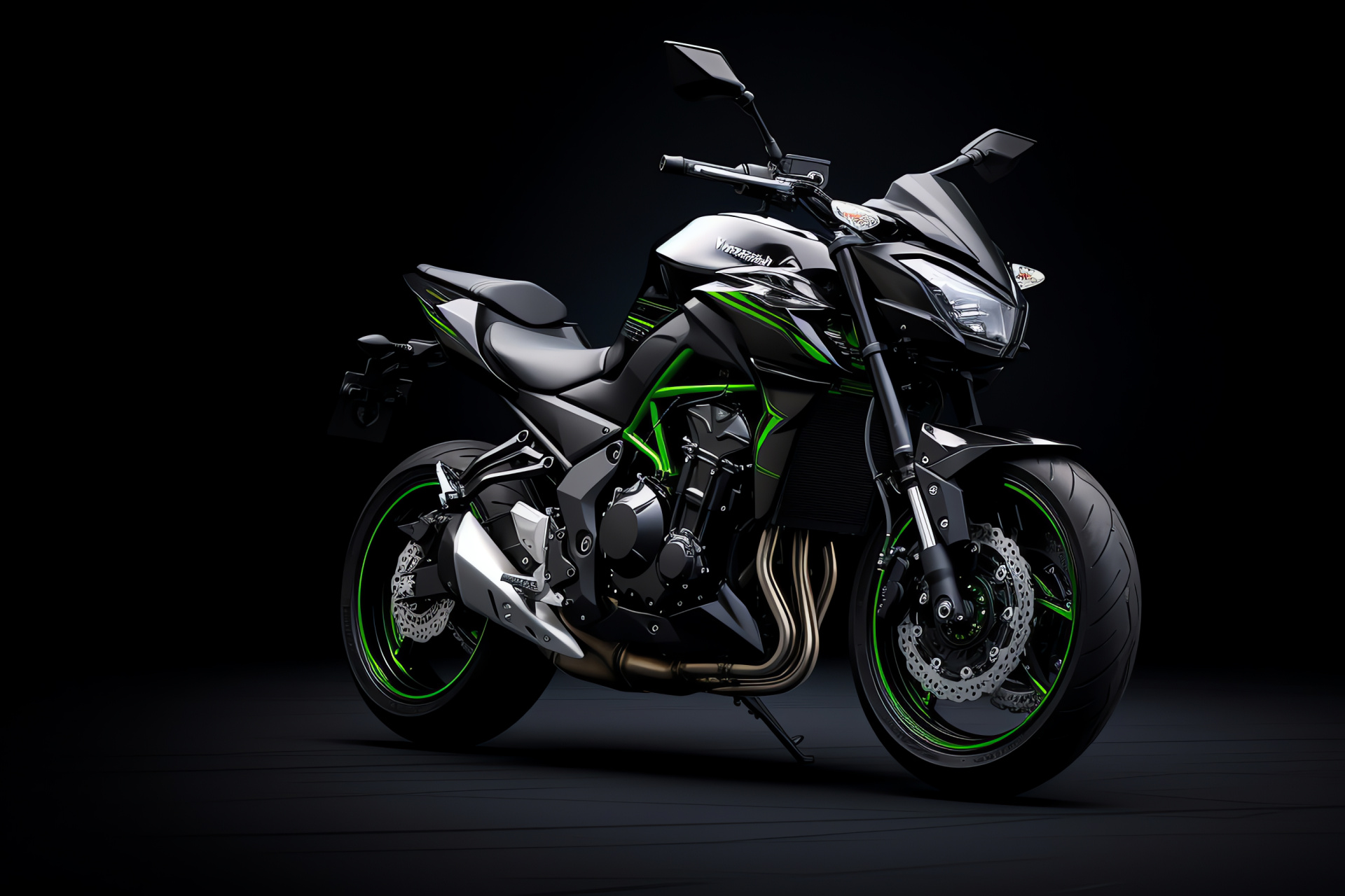 Kawasaki roadster, Vibrant green fairing, Kawaspeed engineering, Stylish commuter bike, Dark backdrop contrast, HD Desktop Image