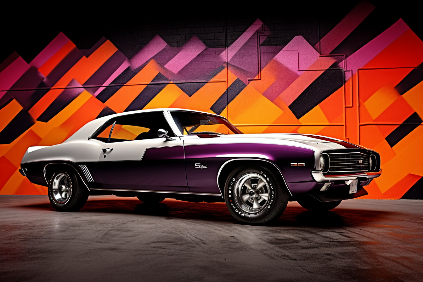 Chevrolet Camaro Z28 1969, Classic muscle car, Silver sports coupe, Muscle car triple-color backdrop, Retro American auto, HD Desktop Image