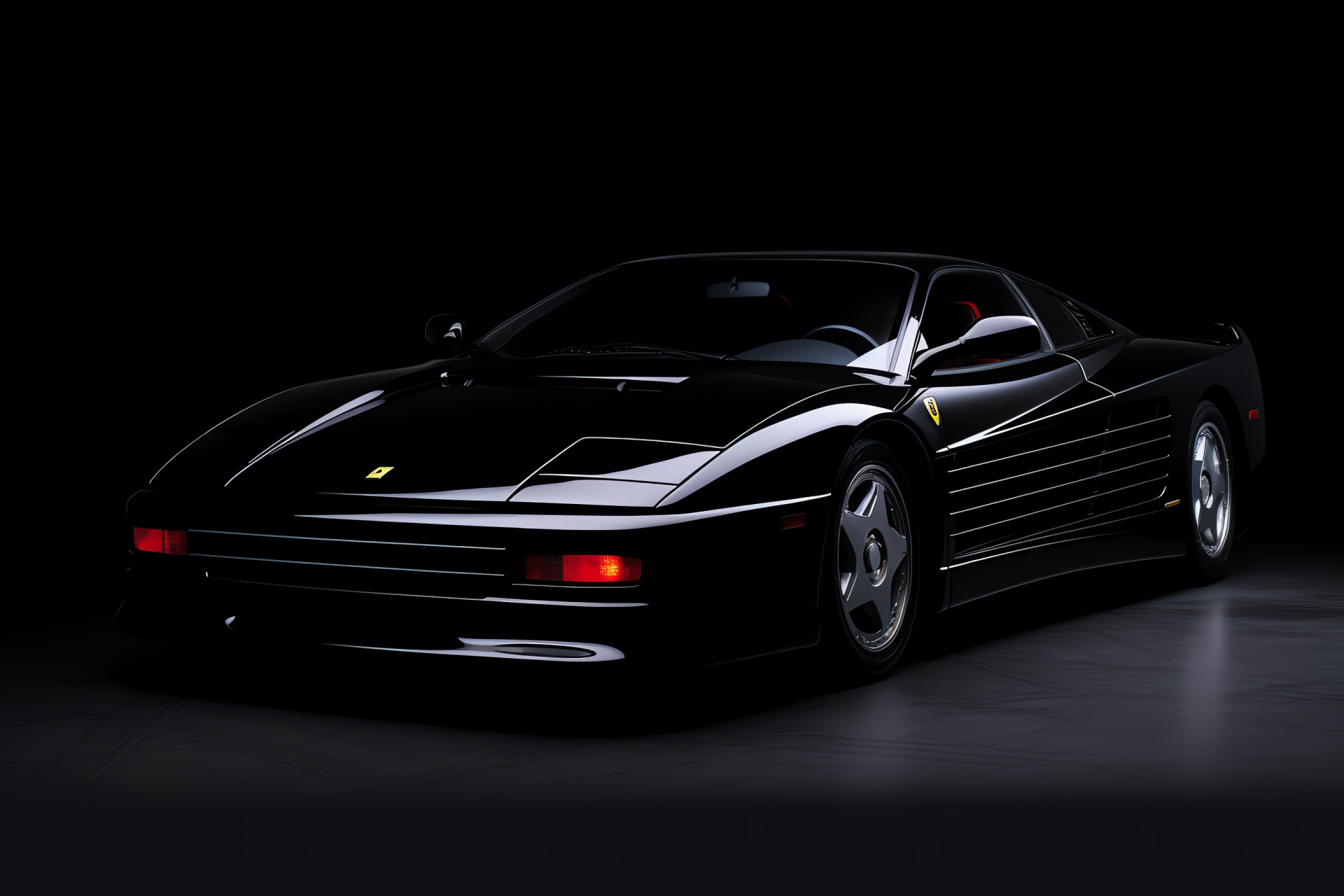 Ferrari Testarossa, 2003 model, High-angle composition, Glossy finish, Monochrome backdrop, HD Desktop Image