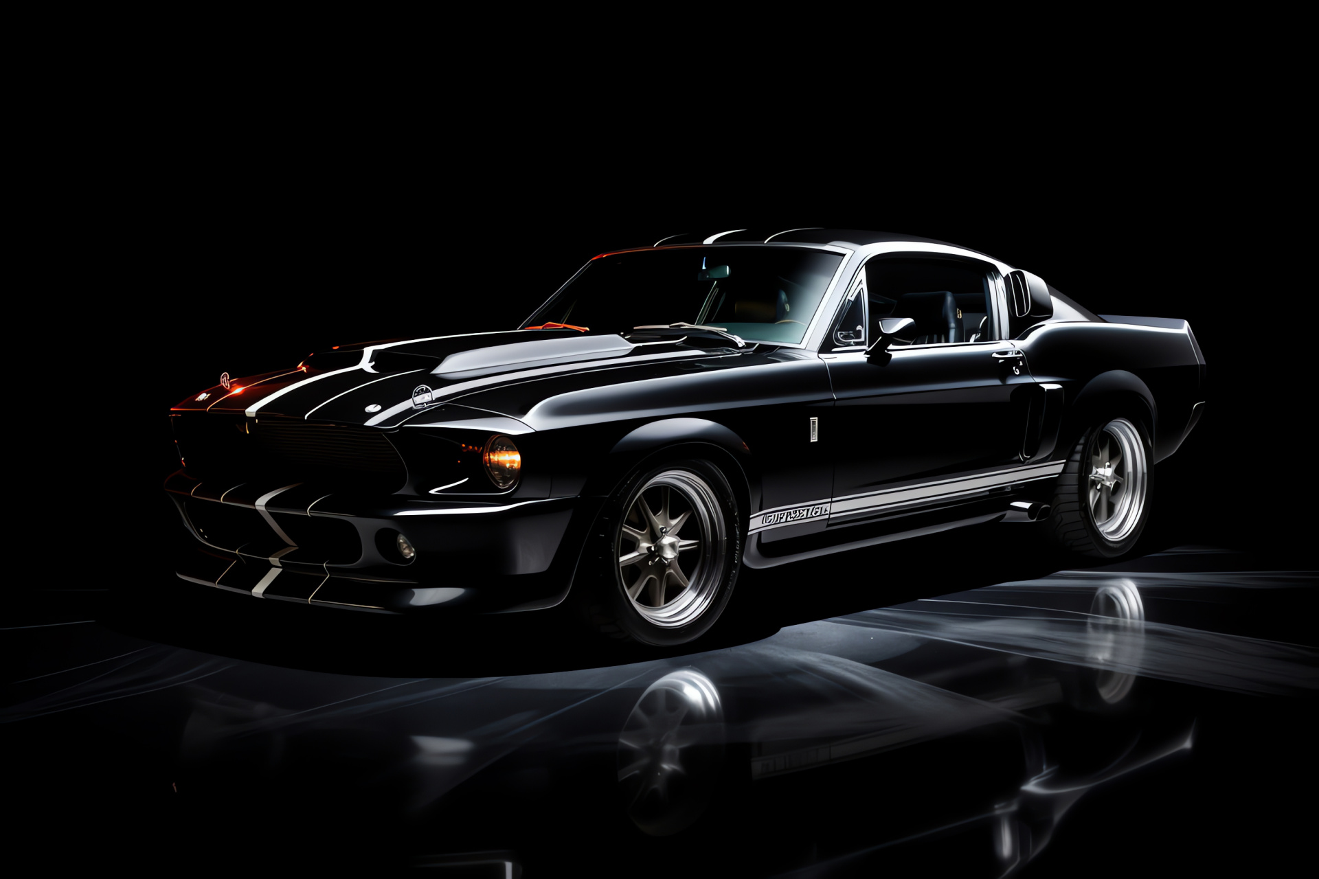 Black Mustang, Elevated angle, Dominant pose, Automotive character, Road presence, HD Desktop Wallpaper