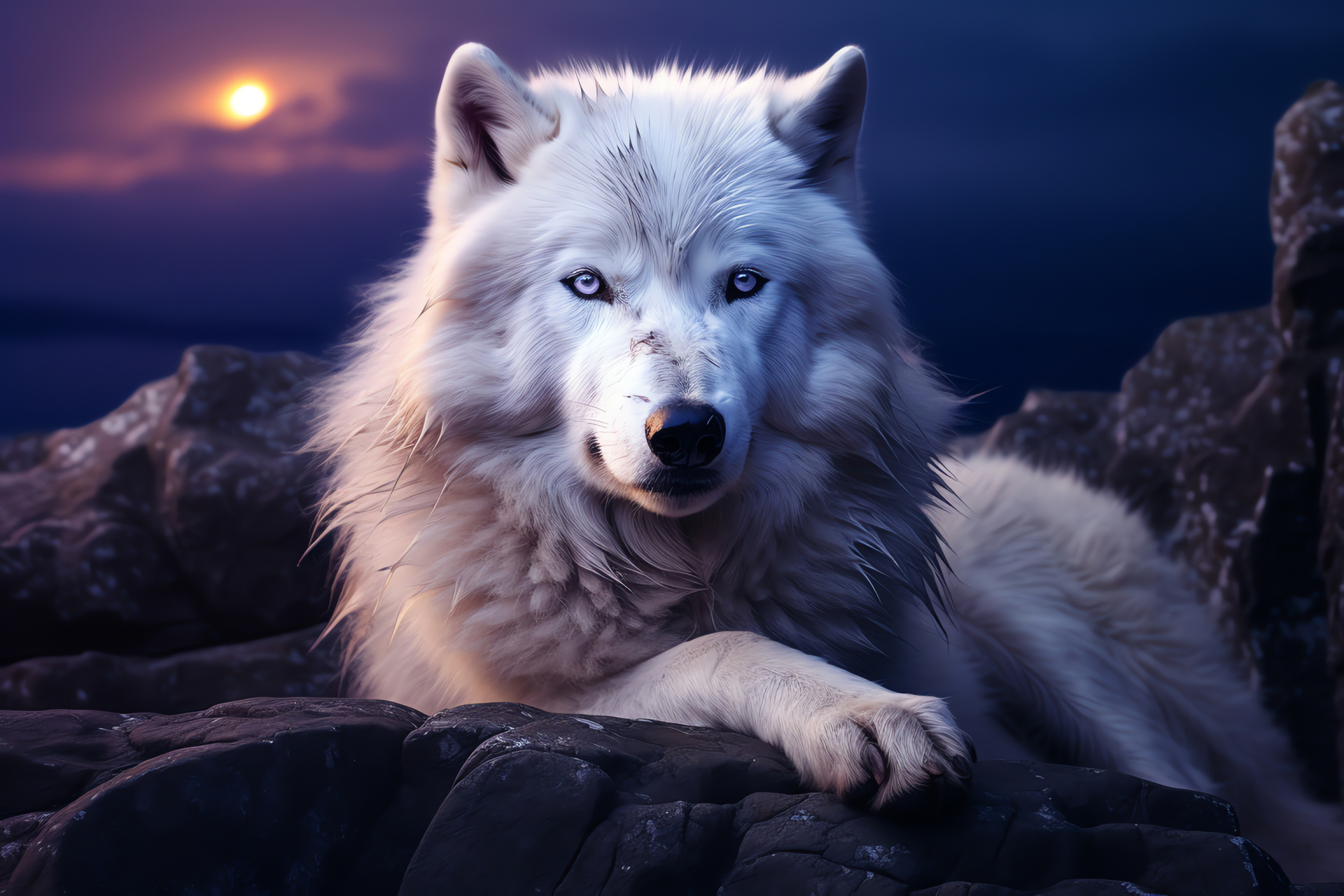 Nocturnal howler, White wolf solitude, Cliff scene, Moonlight serenade, Silhouette, HD Desktop Wallpaper