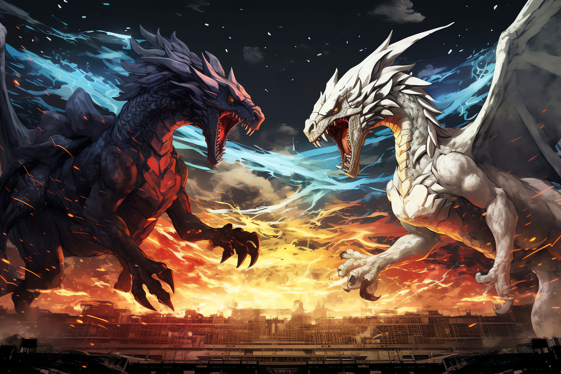 Black and White Unova conflict, Reshiram vs. Zekrom, legendary Pokemon duel, strategic game scenario, HD Desktop Image