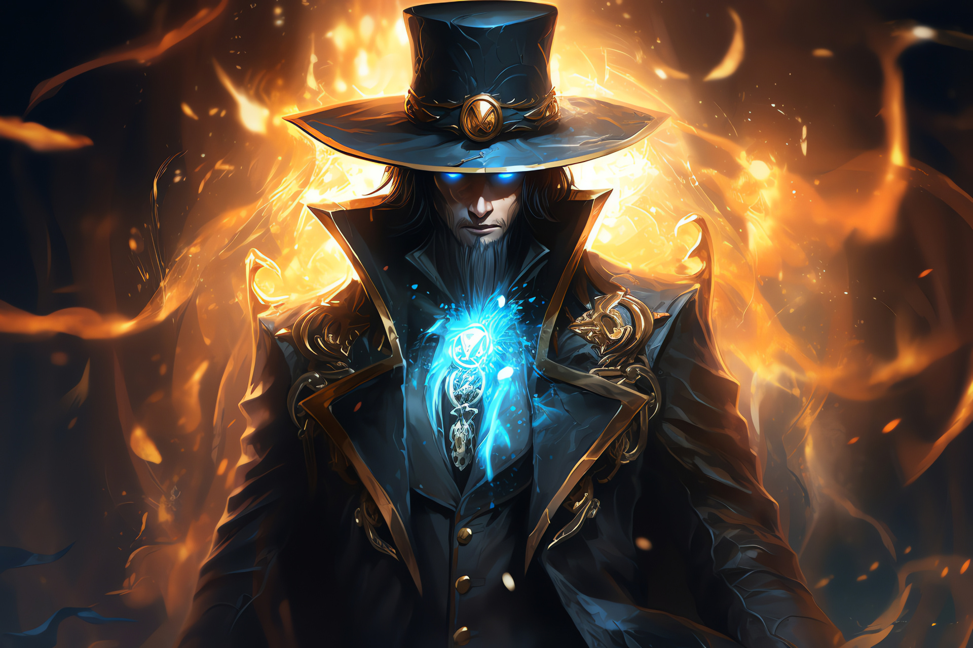 Twisted Fate character, amber oculars, azure and gilded attire, decorative motifs, intense scrutiny, HD Desktop Wallpaper
