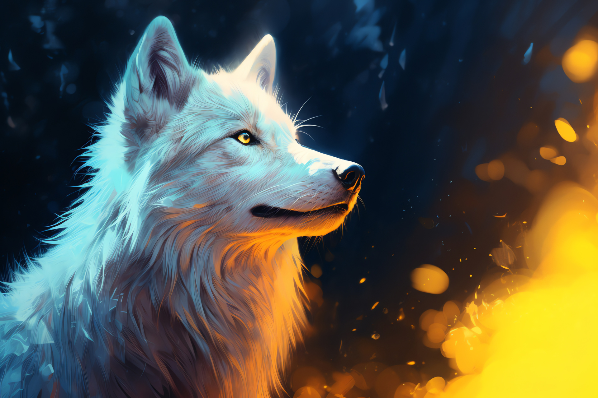 Nocturnal lupine creature, Gaze under stellar skies, Wolf in nocturnal setting, Predator with moonlit fur, Enigmatic white canis, HD Desktop Image