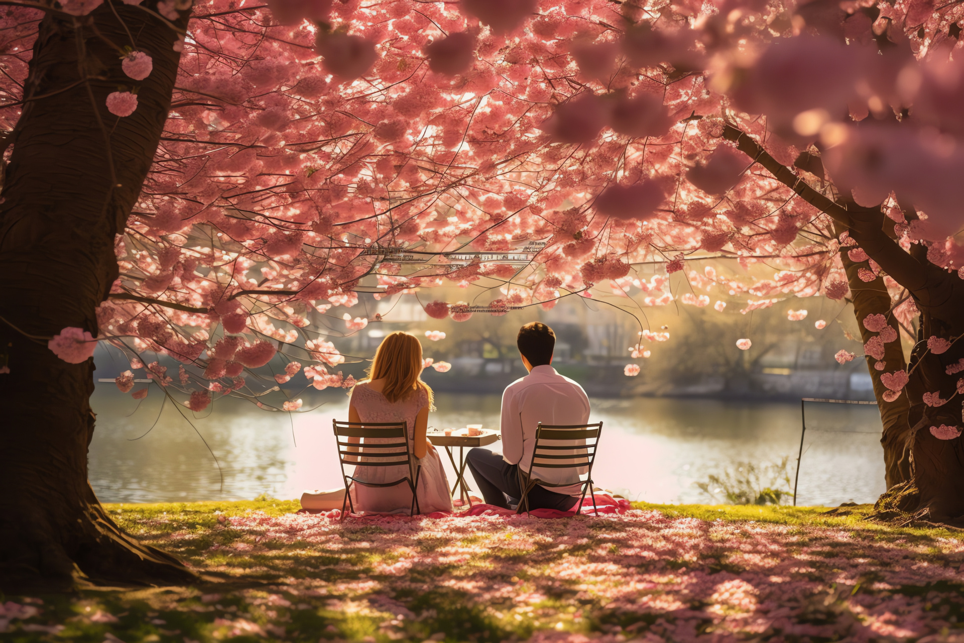 Amorous day celebration, twosome, alfresco meal, Sakura trees, blush tones, HD Desktop Image