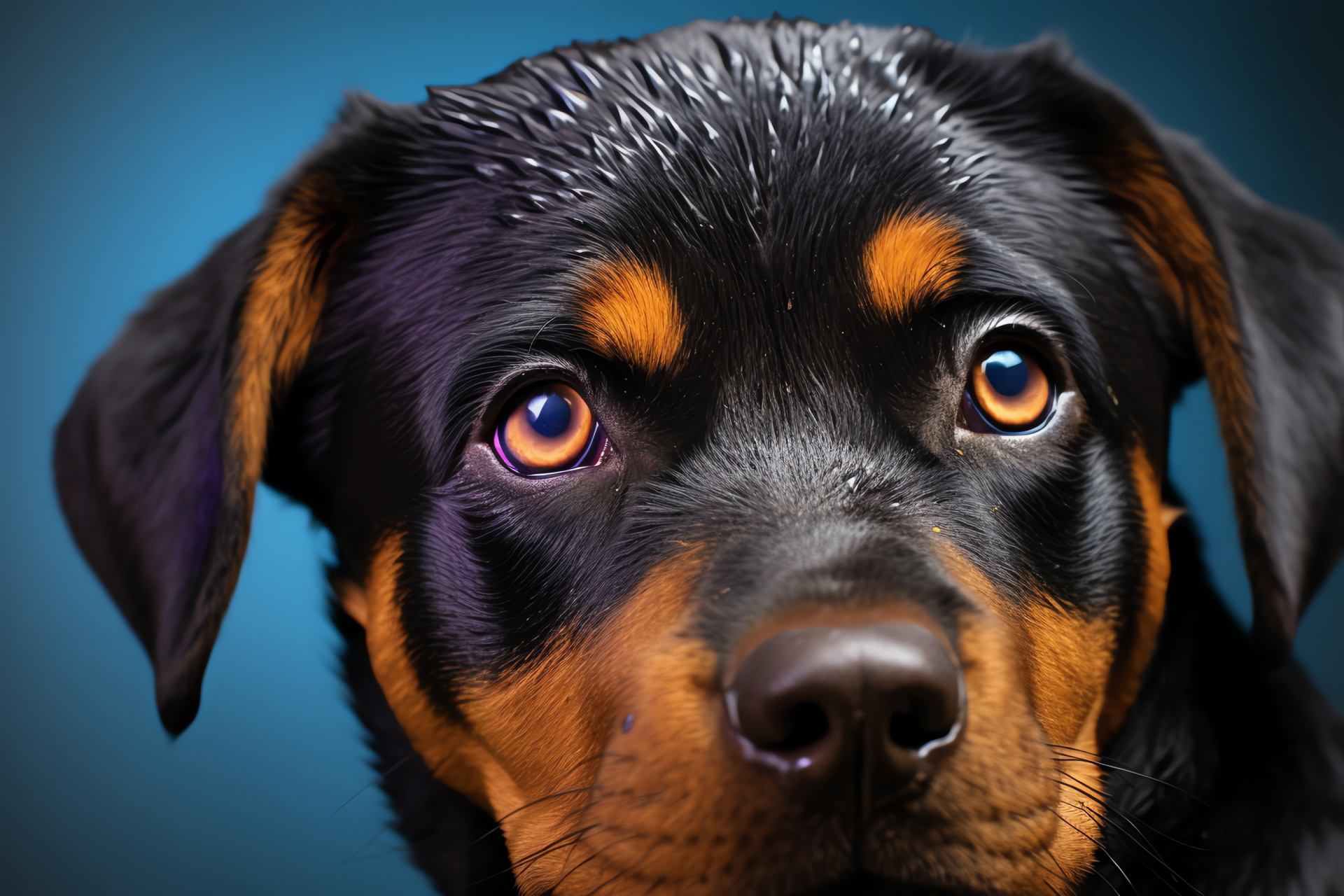 Rottweiler puppy, soulful blue eyes, luxurious fur, intimate angle, captivating setting, HD Desktop Wallpaper