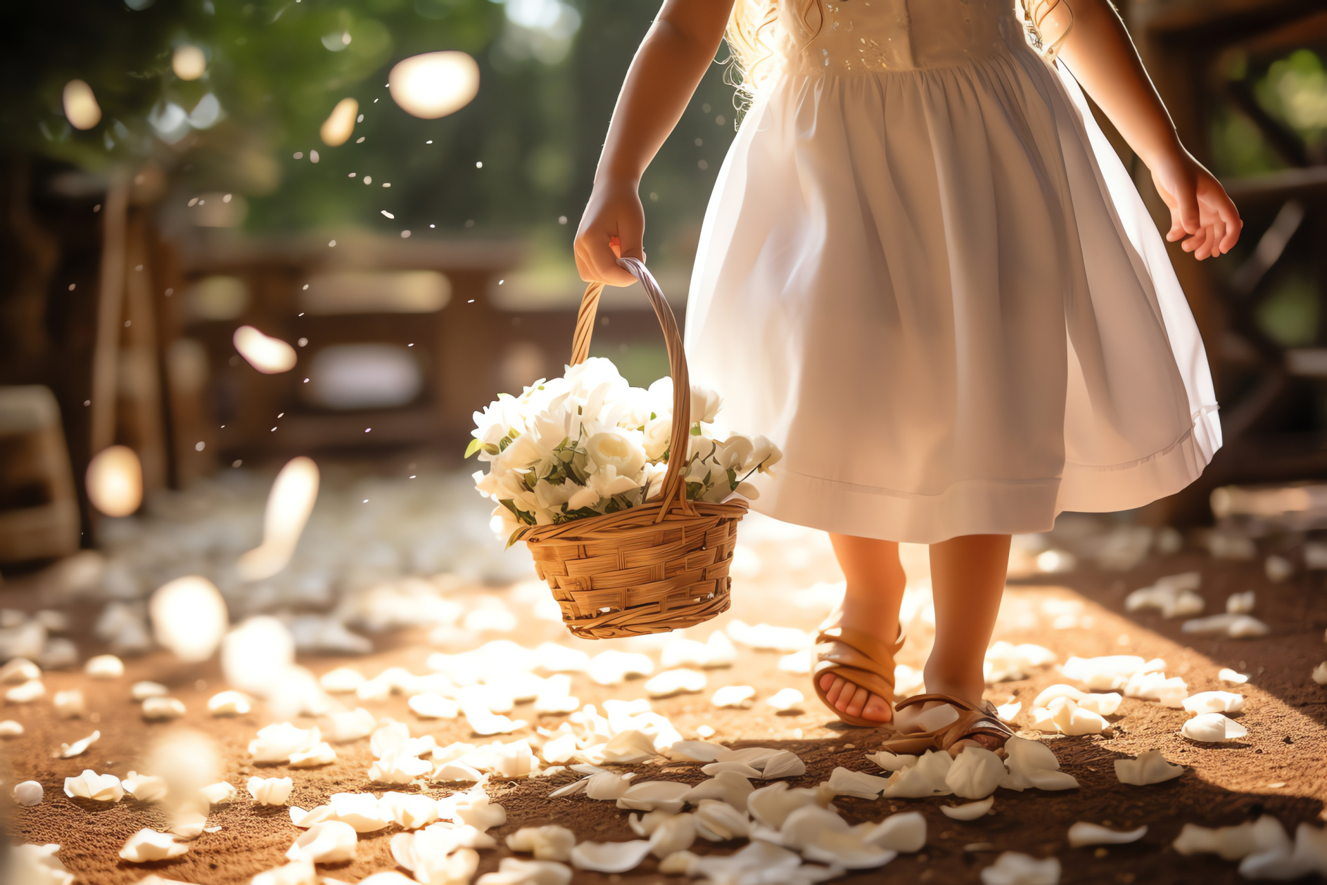 Junior attendant, Flower basket, Scattered blossom, Innocent attire, Marital procession, HD Desktop Image