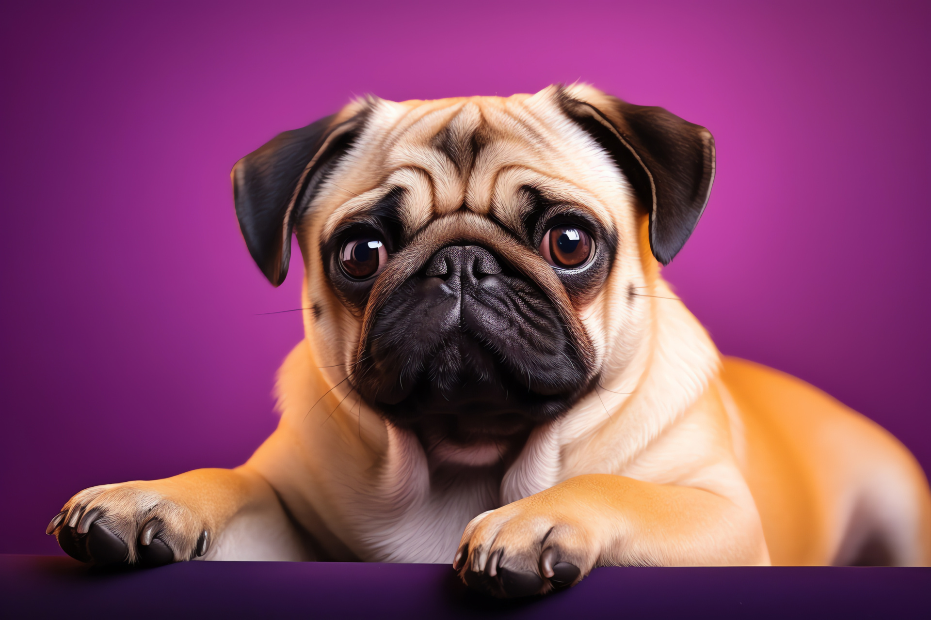 Small breed, Pug companion, Dog brown eye, Velvety canine, Solid purple plane, HD Desktop Wallpaper