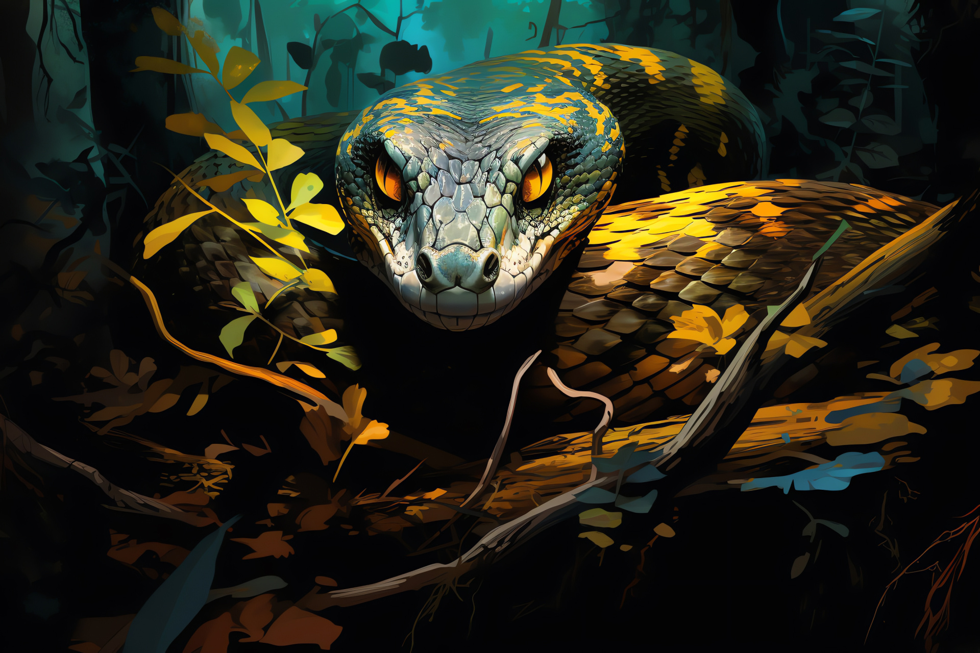 Timber serpent, woodland abode, serpentine loops, tawny gazes, protective coloration, HD Desktop Wallpaper