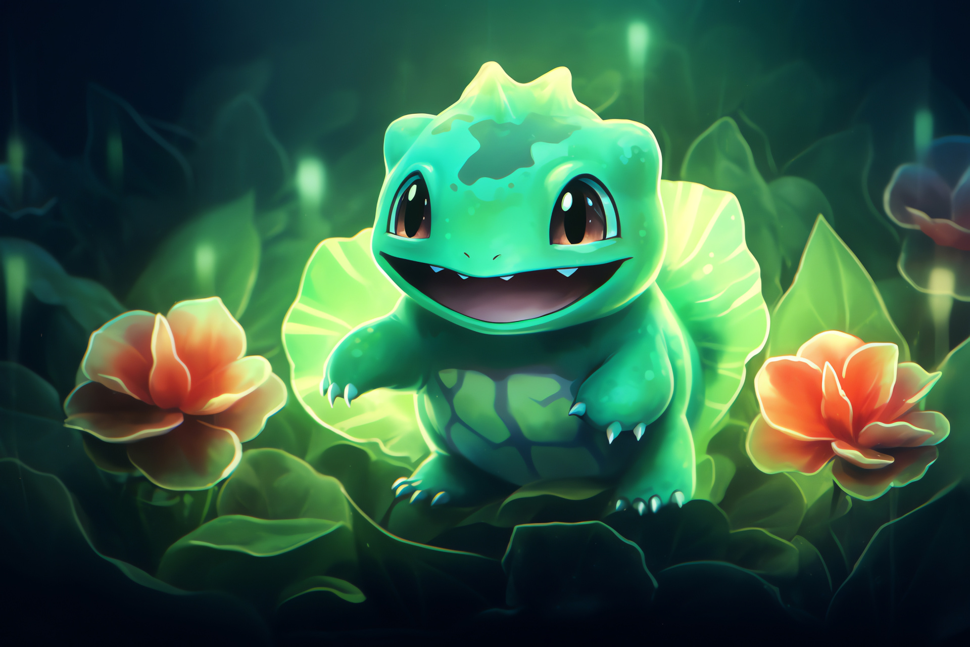 Bulbasaur portrayal, Foliage affinity, Venomous capacity, Sprout feature, Approachable visage, HD Desktop Wallpaper