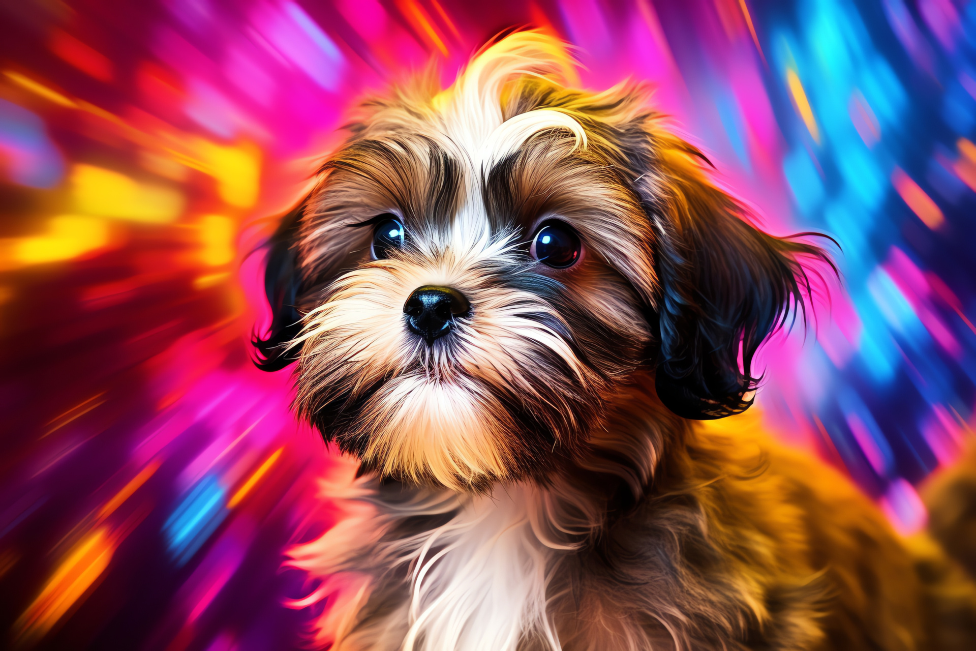 Shih Tzu puppies together, Canine facial detail, Fluffy fur texture, Neon illumination effect, Vibrant swirl design, HD Desktop Image