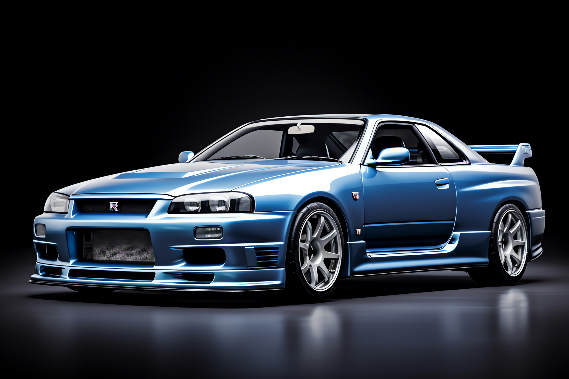 Nissan Skyline R33, Azure and metallic contrast, High stance capture, Sporty aesthetics, Collector's piece, HD Desktop Image