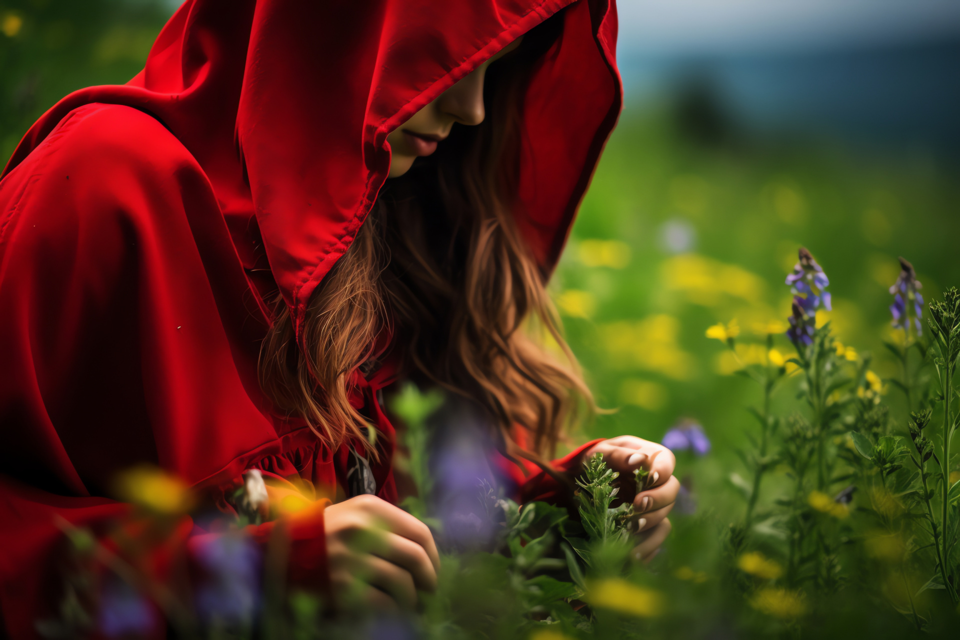 Mythical Red Riding Hood, Flowering field, Flora abundance, Spectrum of flora, Grassland, HD Desktop Wallpaper