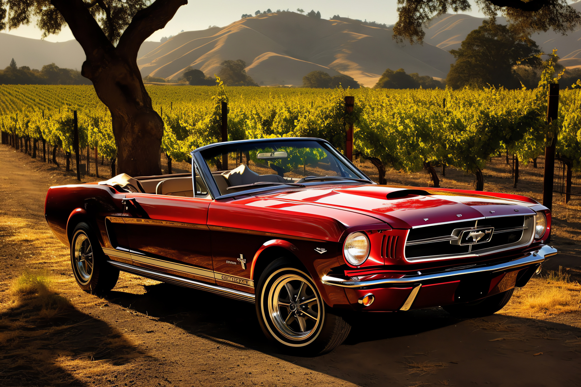 Ford Mustang HD, Napa Valley excursion, sprawling vineyards, lush grapevines, local winery charm, HD Desktop Image