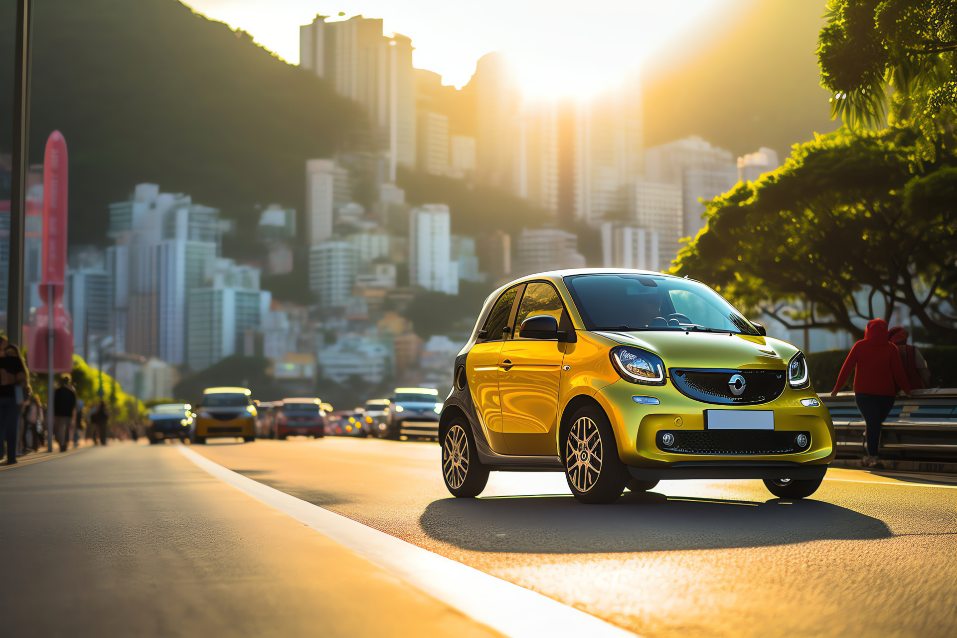 Smart ForFour Drive, Rio landmarks, Vibrant Brazilian beaches, Sunlit yellow car, Lively coastal atmosphere, HD Desktop Wallpaper