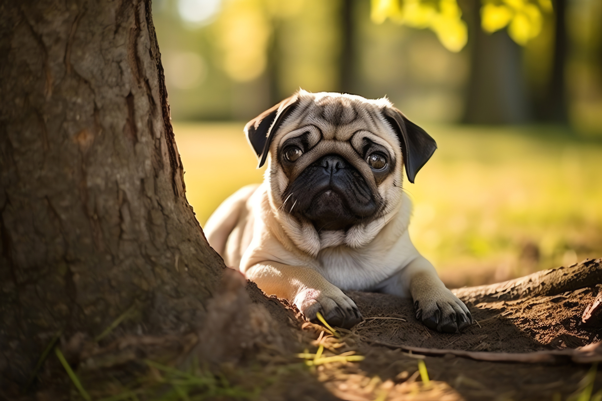 Pug dog with expressive gaze, distinguished gray muzzle, soft fur coat, majestic oak tree, pastoral setting, HD Desktop Image