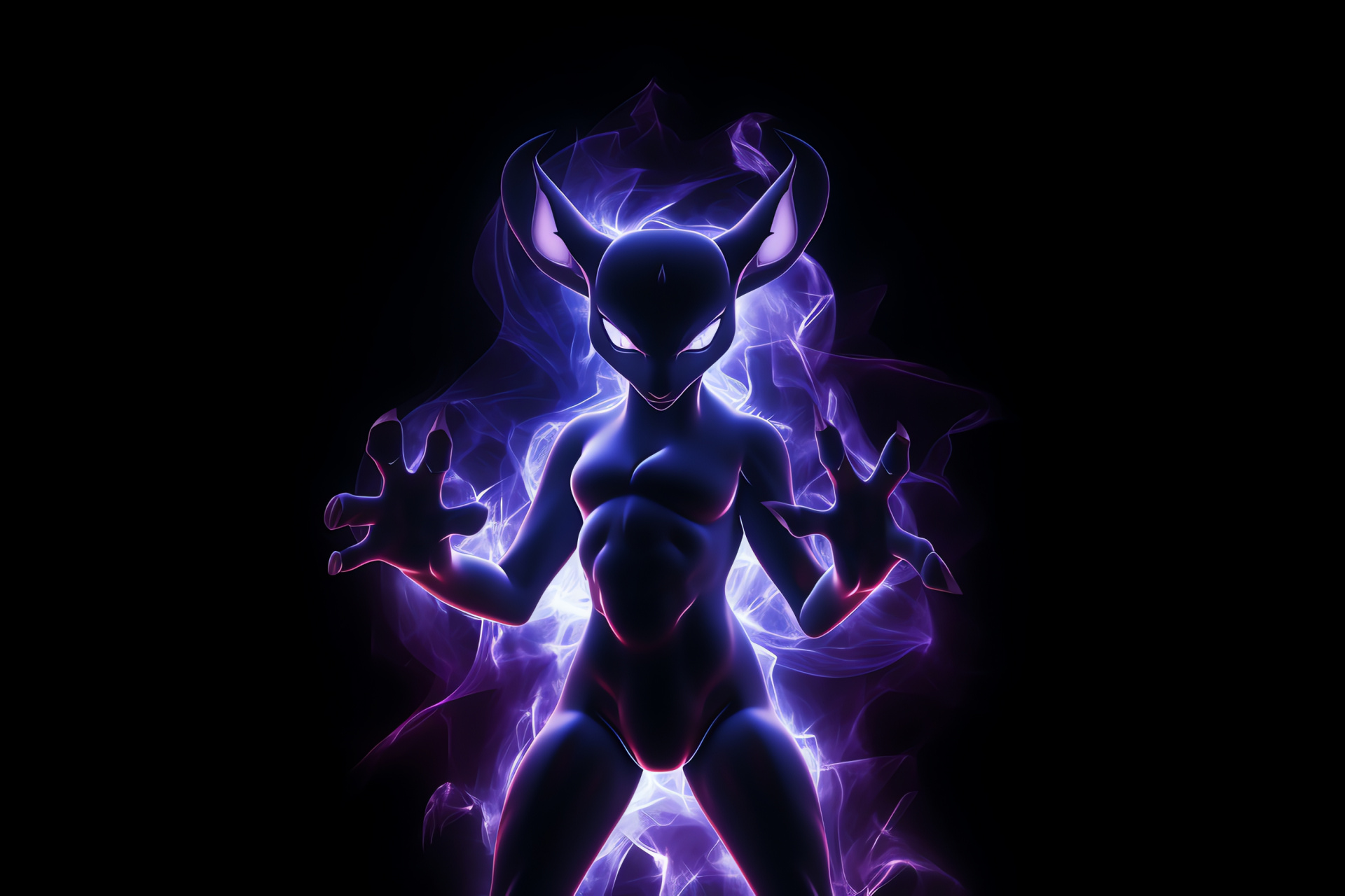 Pokemon Mega Evolution, Mewtwo mystery, gaming creature, lavender fur, emerald gaze, HD Desktop Image