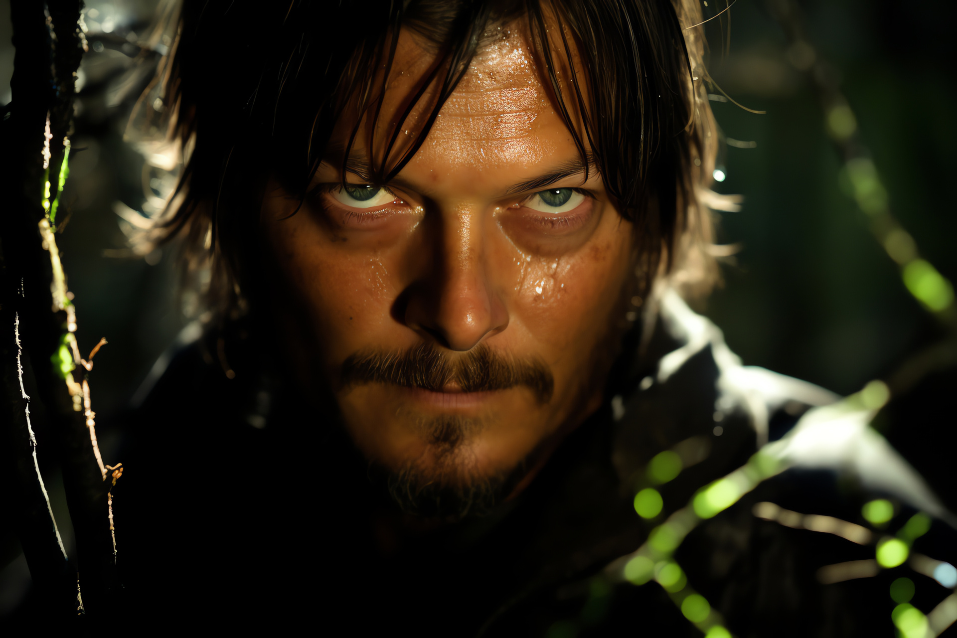 Reedus in film role, Close framed facial expression, Eyes in film lighting, Enigmatic woodland scene, Dark thriller, HD Desktop Image