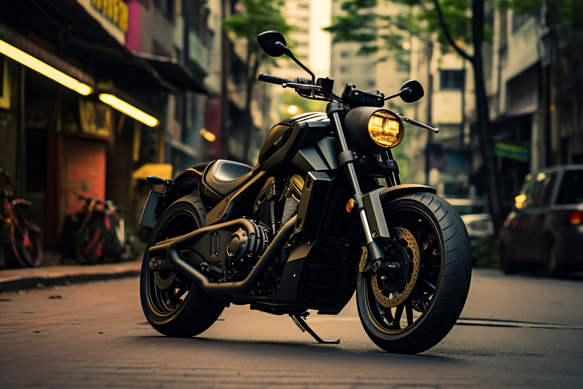 Victory Hammer 8-Ball bike, Bangkok street scene, Custom black motorcycle, Bold bike features, Urban riding style, HD Desktop Wallpaper