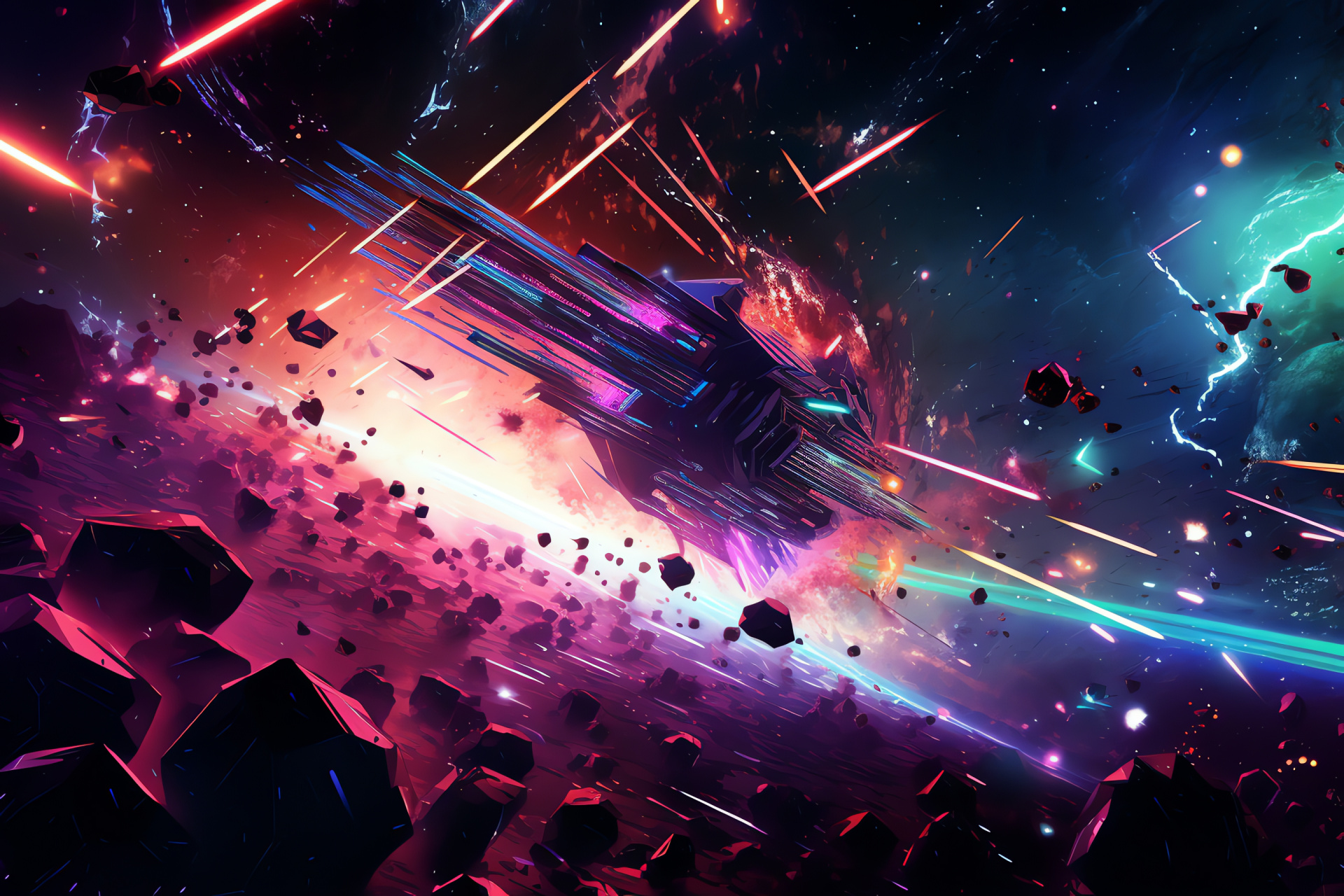 Space confrontation, electrifying color scheme, neon spectral combat, high-velocity skirmish, HD Desktop Image