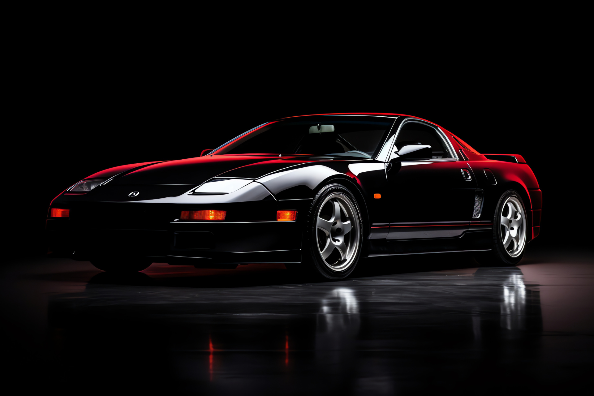 Red Nissan 300ZX, Wide-view black backdrop, Striking sports car pose, Pure color contrast, 300ZX visual presence, HD Desktop Wallpaper