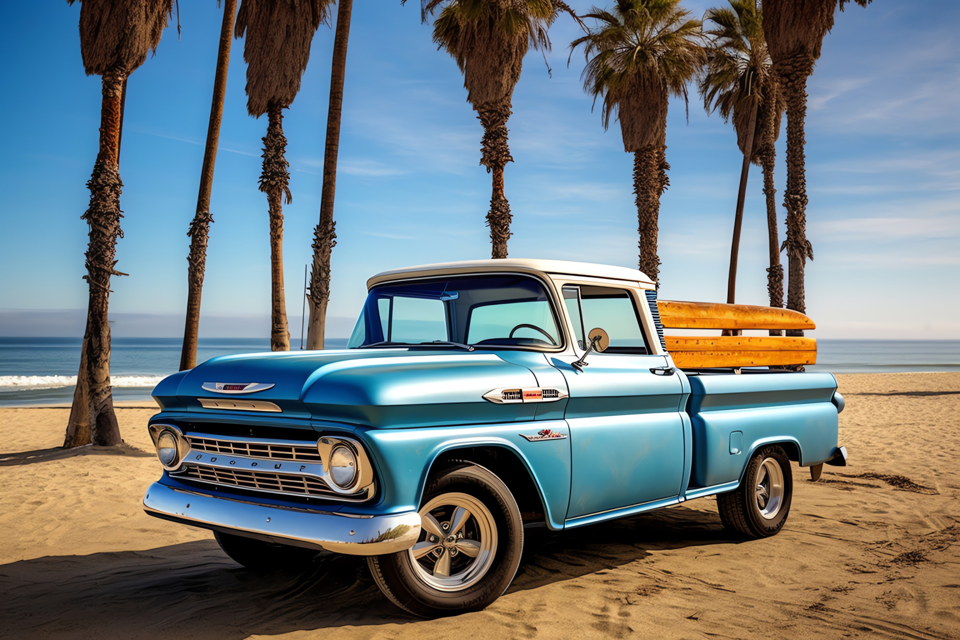 Classic Chevy vehicle, Seaside transport, Surf culture, Beach lifestyle, Oceanic town scenery, HD Desktop Image