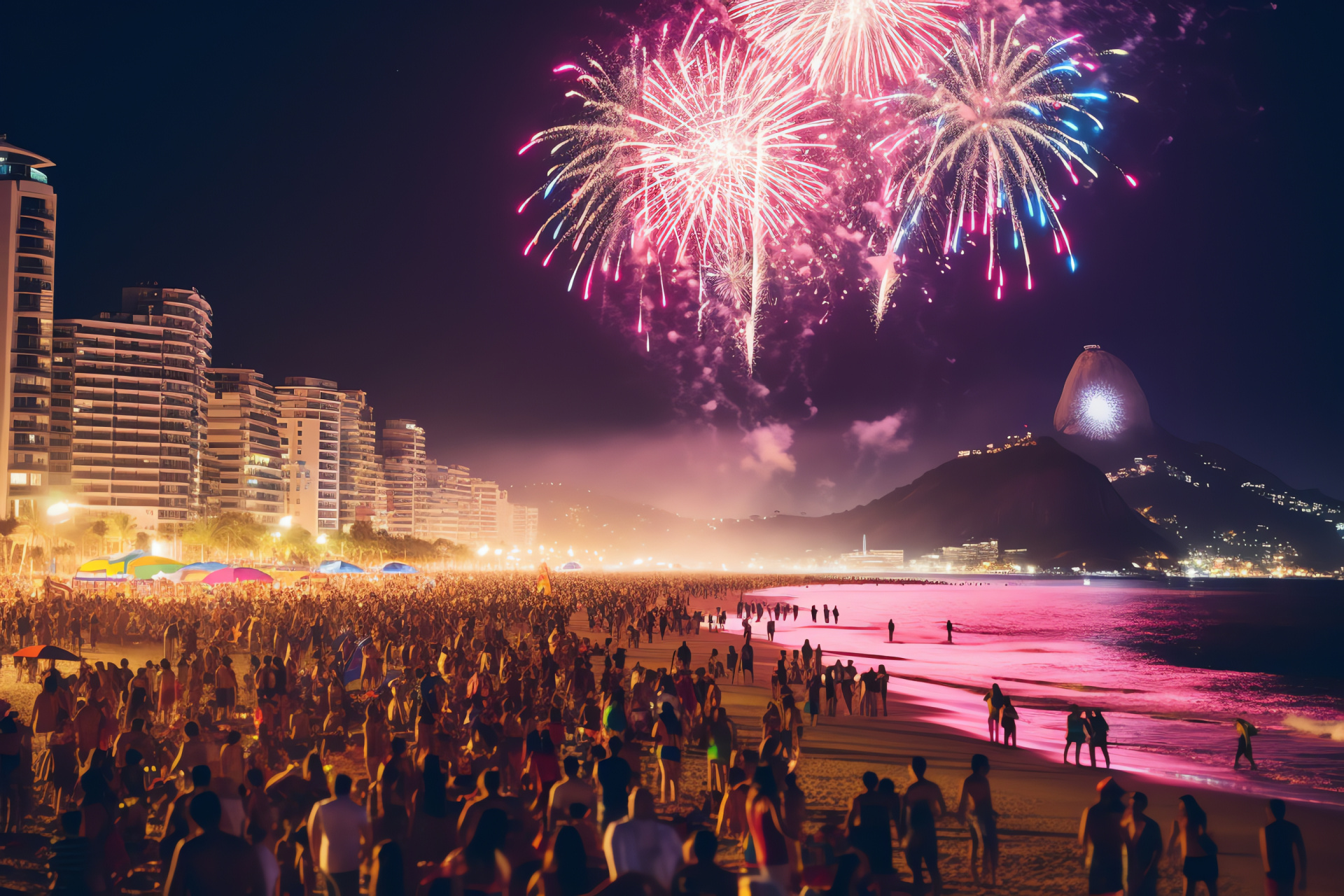 Brazilian festive spirit, Rio de Janeiro holiday, Copacabana Beach festivity, South American Christmas, HD Desktop Image