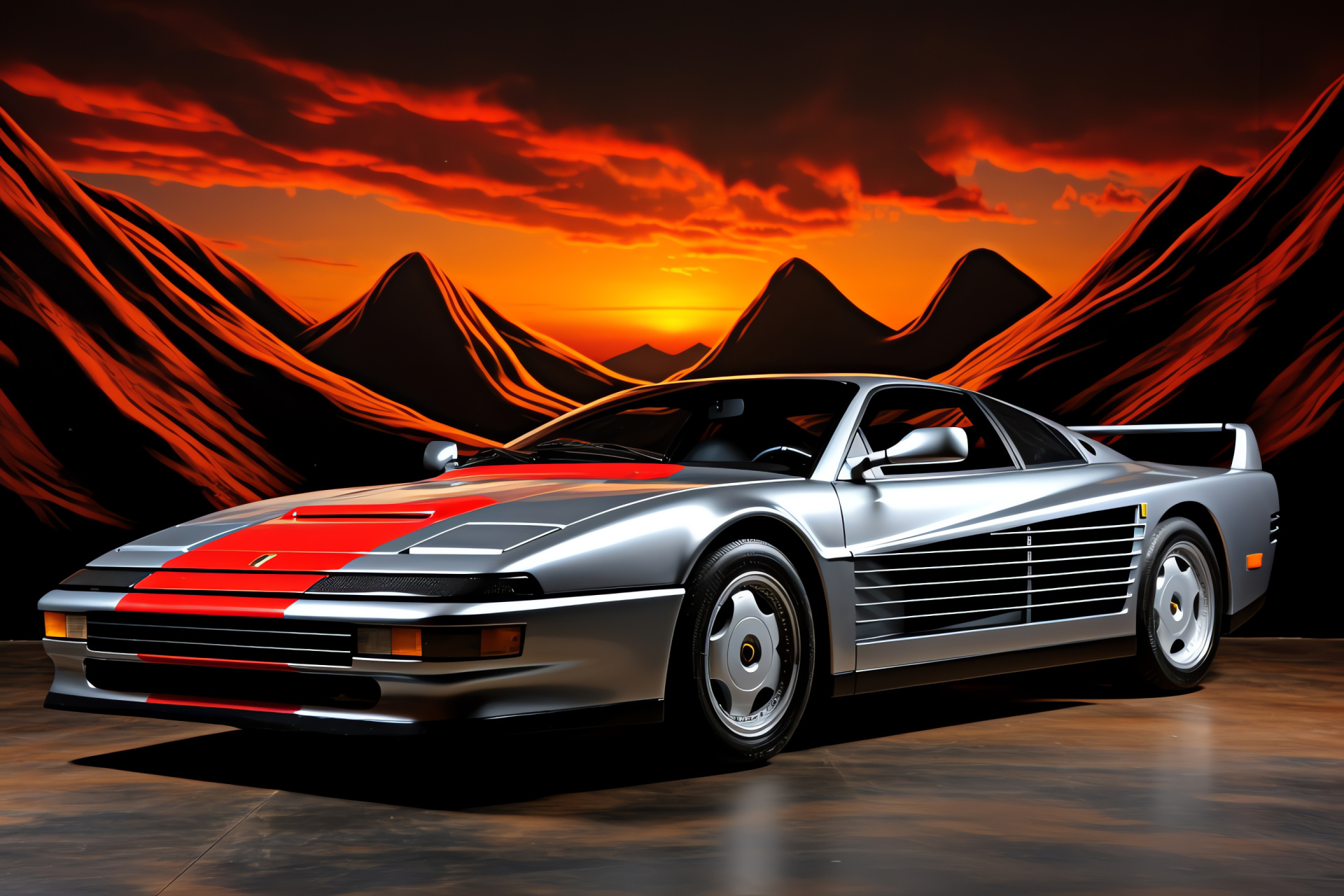 Ferrari Testarossa 1989, Silver, black and red combination, Magnetic multi-color backdrop, Luxury appeal, HD Desktop Wallpaper