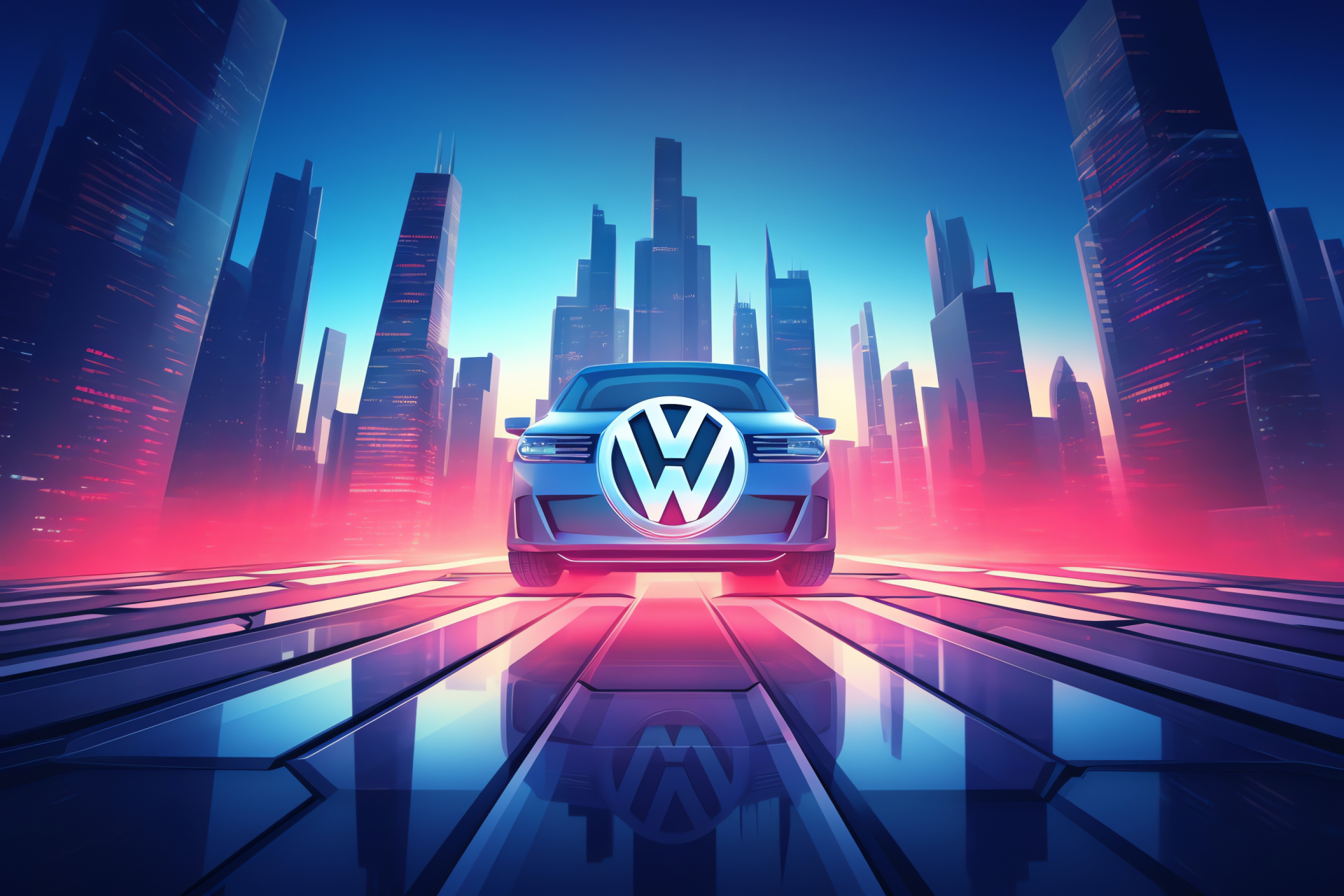 VW symbol projection, innovative urban visual, towering angle view, color spectrum vibrancy, modern design interface, HD Desktop Image