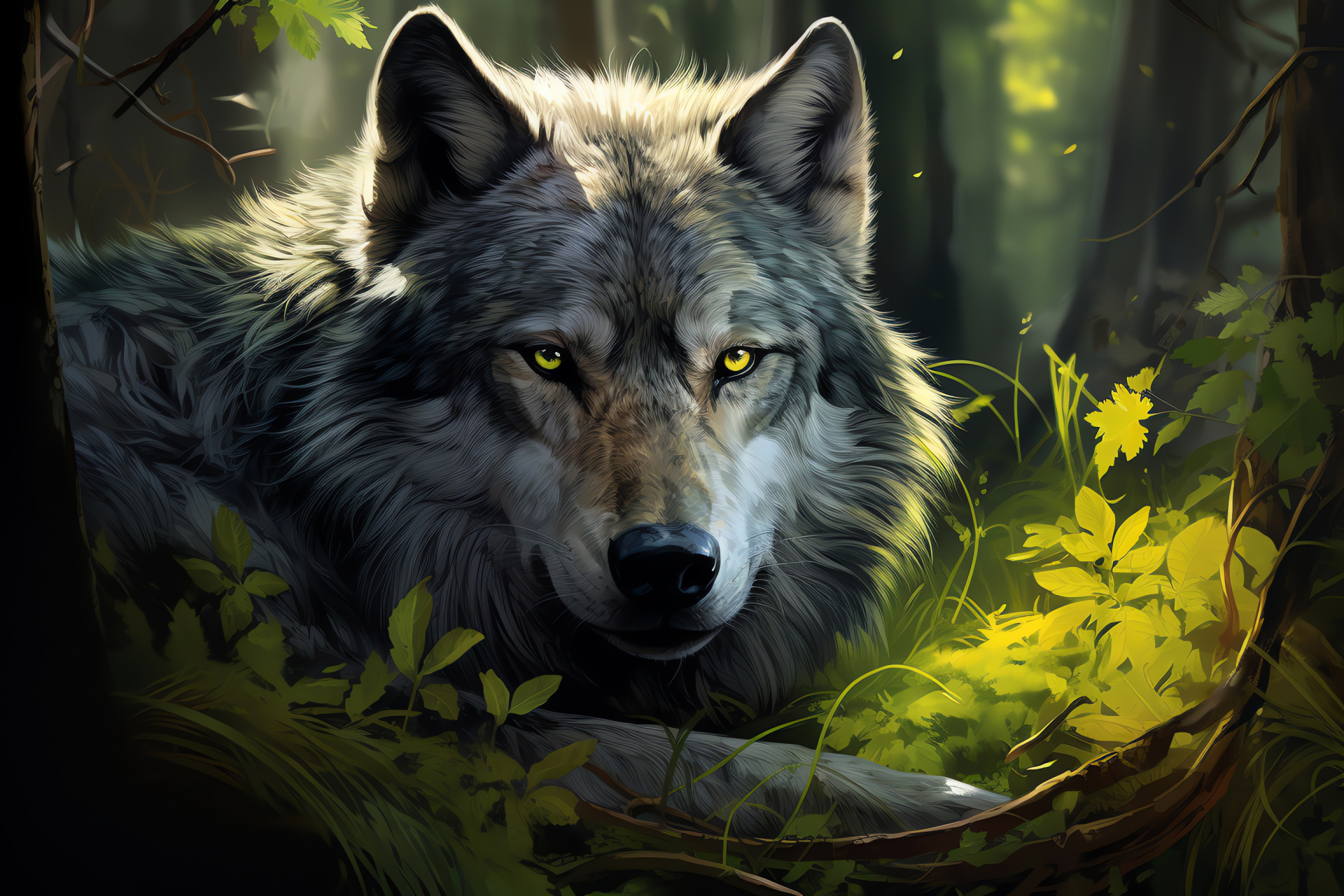 Wolf, luminous gaze, contrasting pelage, natural camouflage, pack behavior, HD Desktop Image