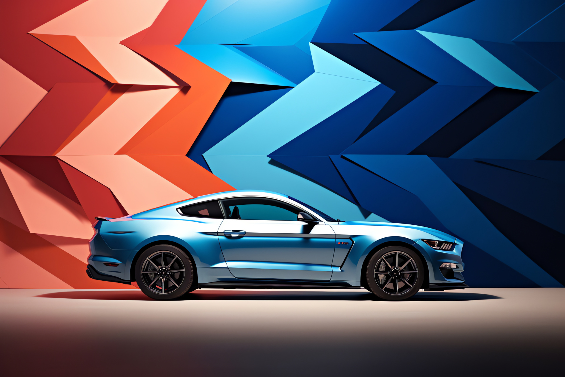 Ford Mustang GT350, Artistic geometric abstraction, Bicolor backdrop, Automotive side perspective, HD Desktop Wallpaper