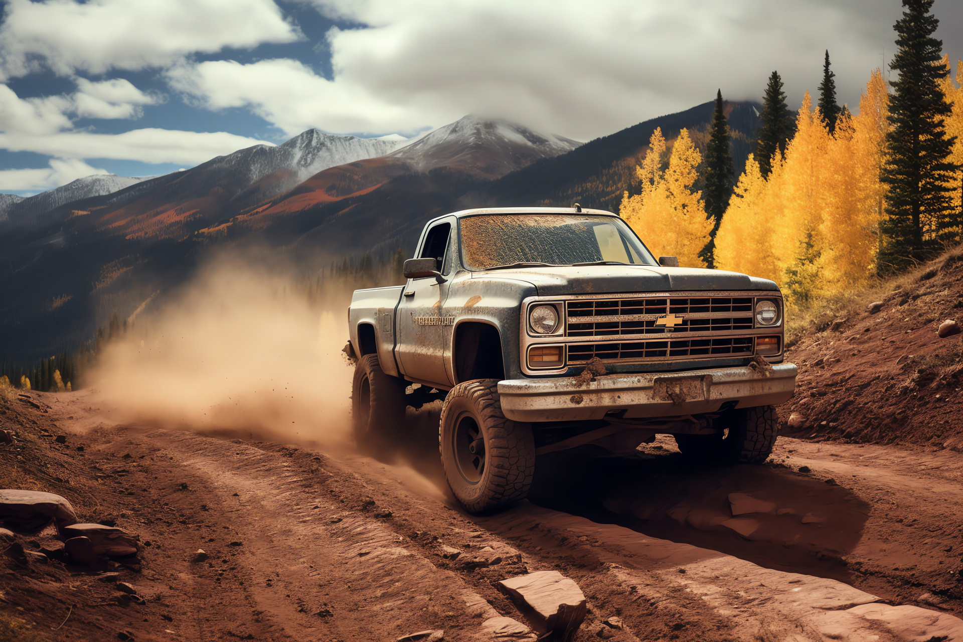 Chevy Truck adventure, mountainous terrain, all-terrain wheels, rugged journey, vehicle durability, HD Desktop Wallpaper