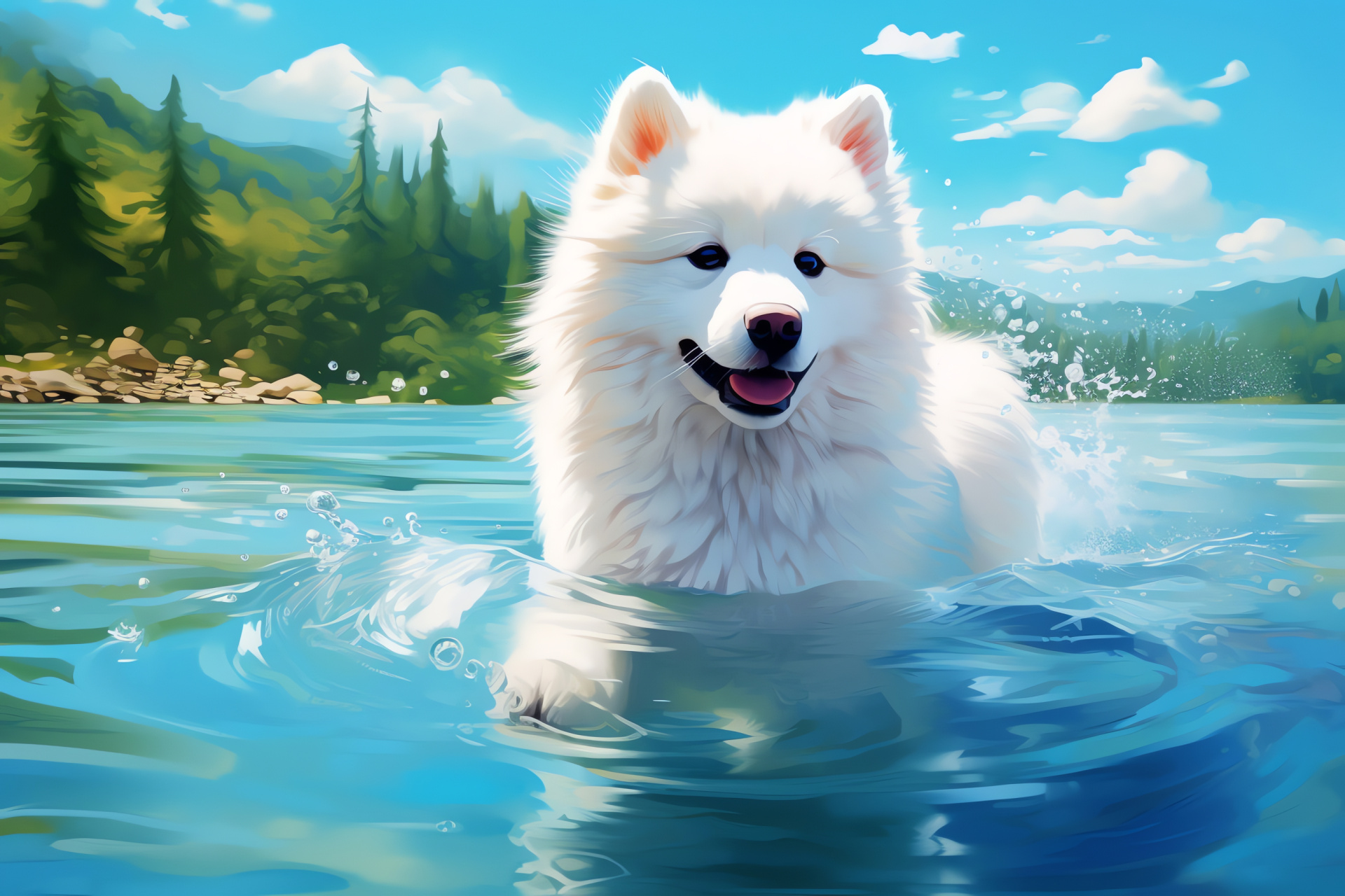 Nordic pup, Cerulean-eyed Samoyed, Fluffy domestic animal, Freshwater edge, Canine leisure, HD Desktop Wallpaper