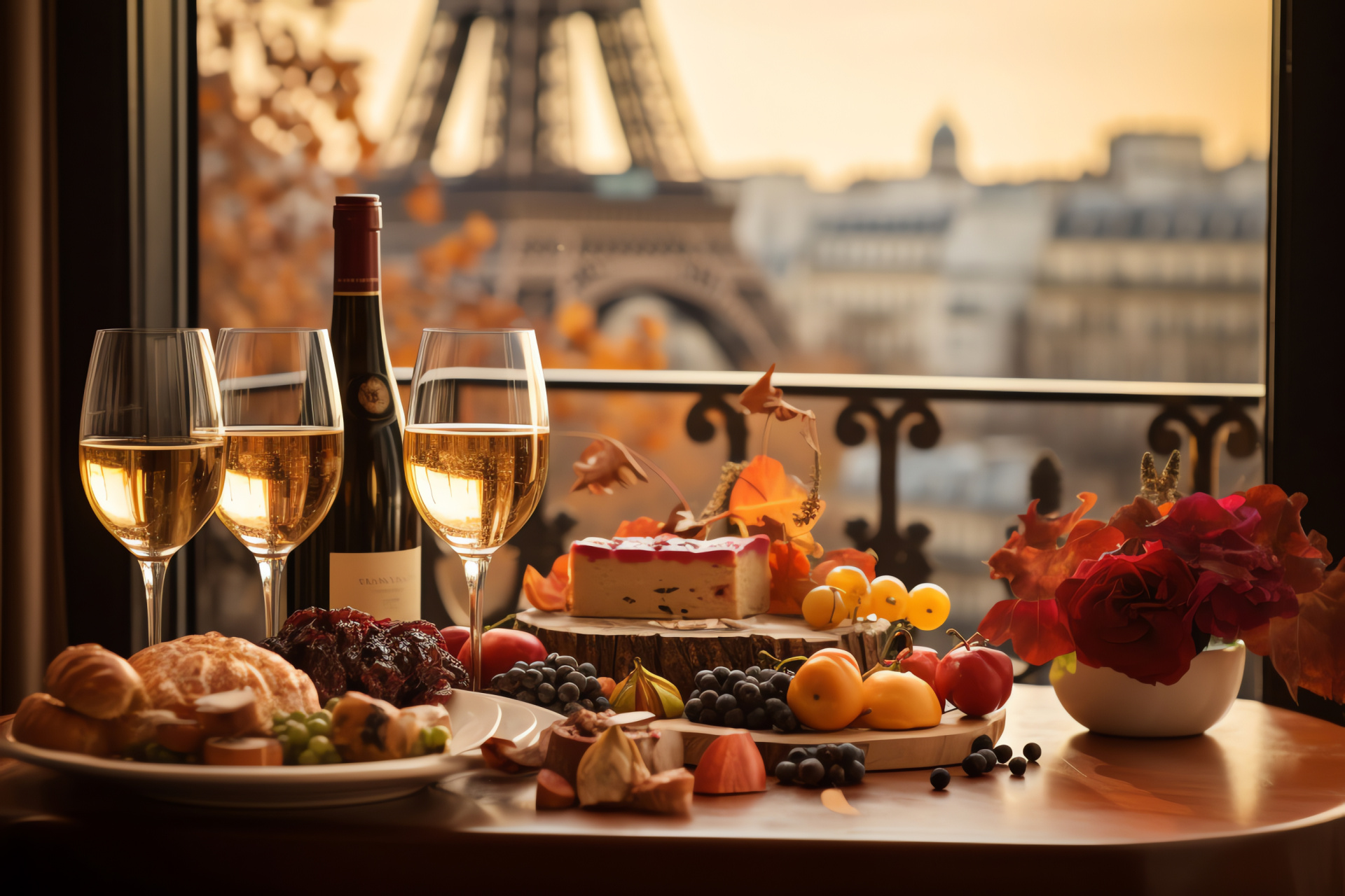 Parisian holiday meal, bistro ambience, Franco-American culinary blend, festive eatery decor, thankfulness, HD Desktop Wallpaper