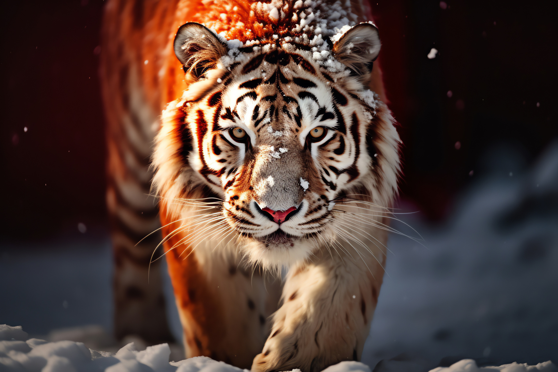 Alpine Snow Tiger, cool green stare, frosty fur tones, imposing red backdrop, wintry camouflage, HD Desktop Image