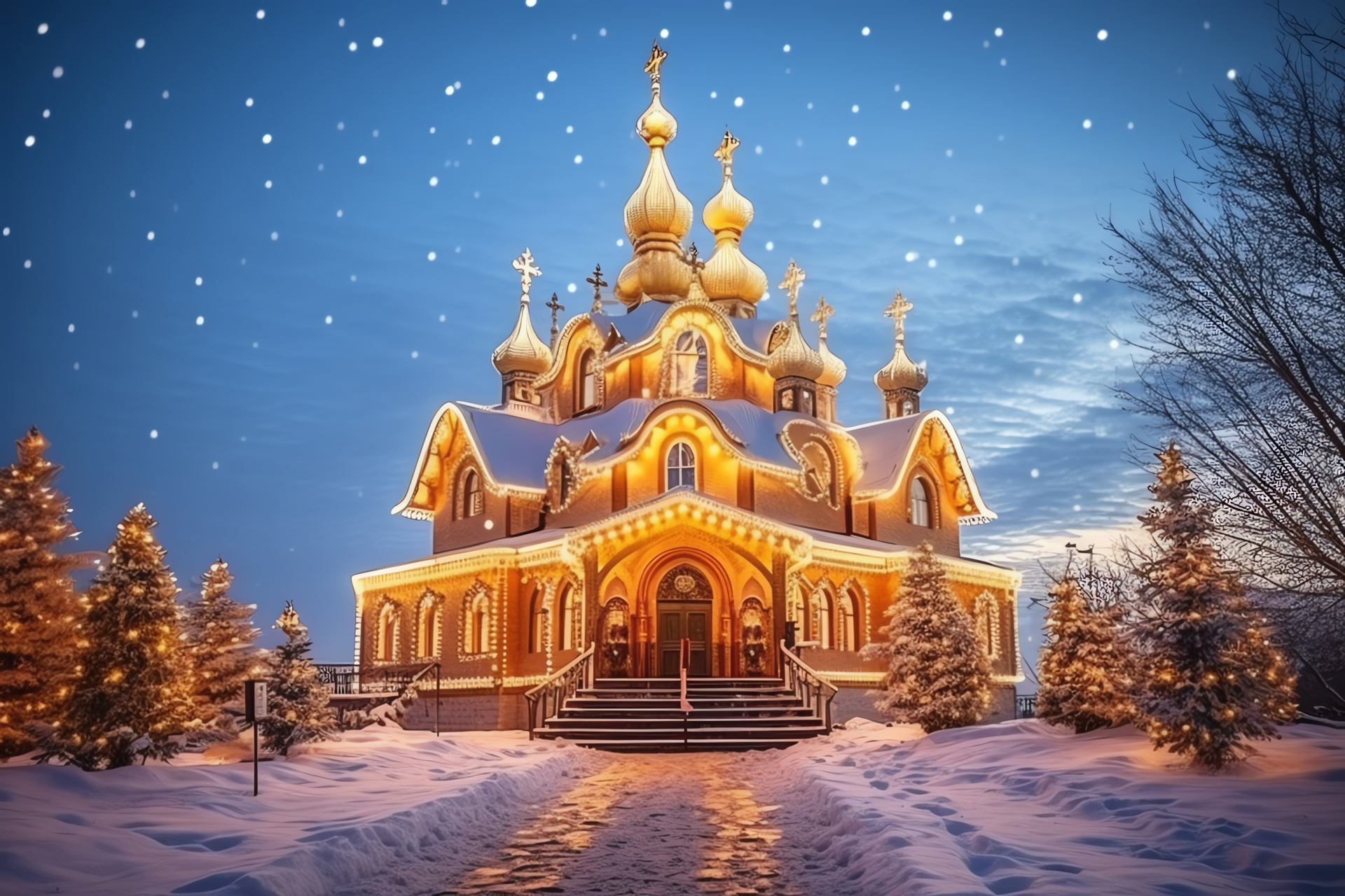 Sanctuary Christmas ambiance, Architectural winter adornment, Seasonal tidings sanctuary, Luminous festoon adornment, Glacial rural scenery, HD Desktop Wallpaper