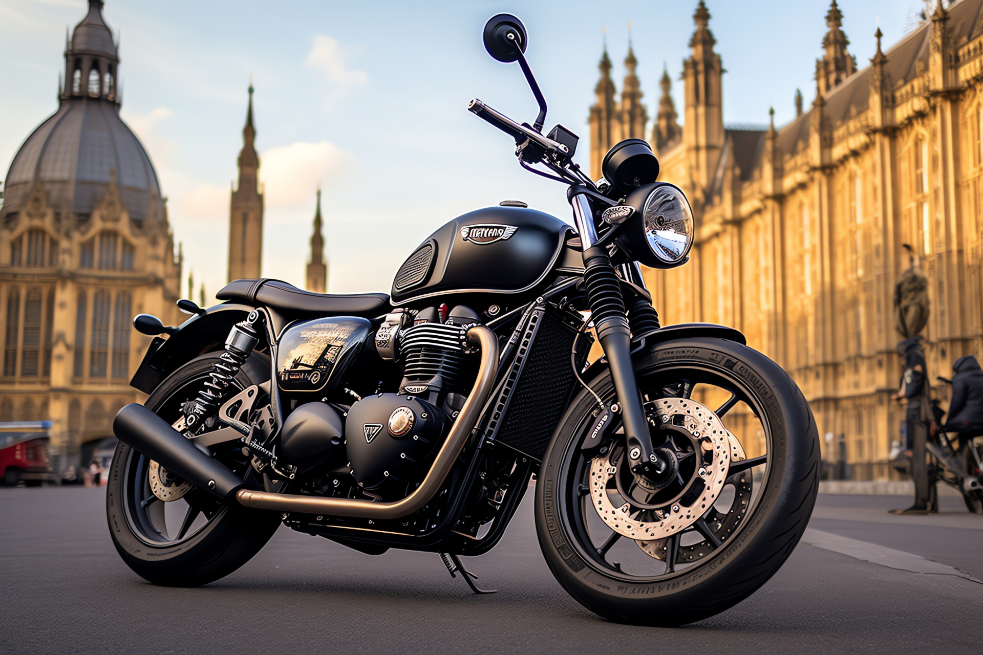 Triumph Bonneville London, Iconic British Street Twin, Black modern look, Historical city landmarks, Urban sophistication, HD Desktop Wallpaper