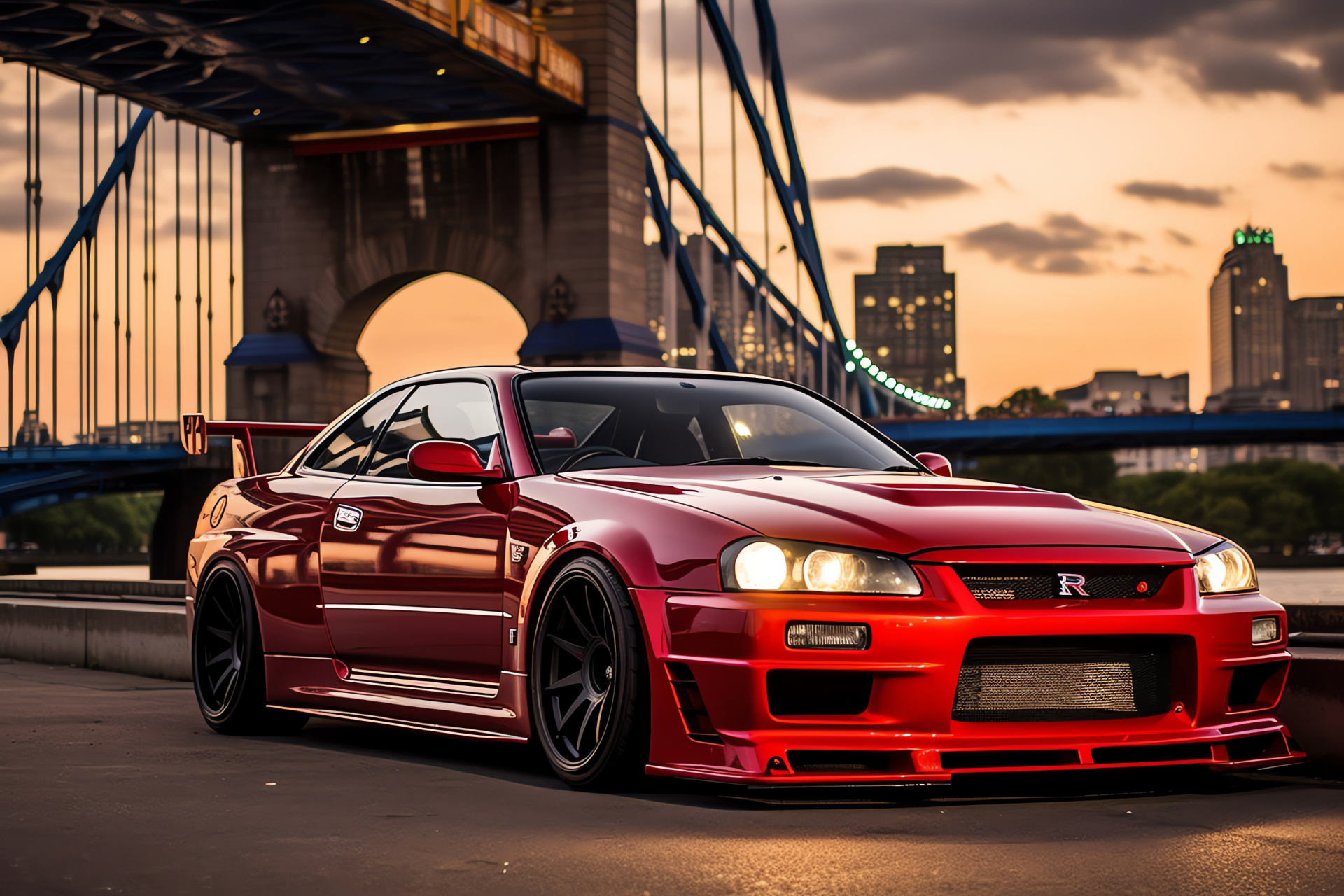 Nissan Skyline GTR R33, Dynamic London setting, British landmarks, Lustrous red finish, Performance car, HD Desktop Image