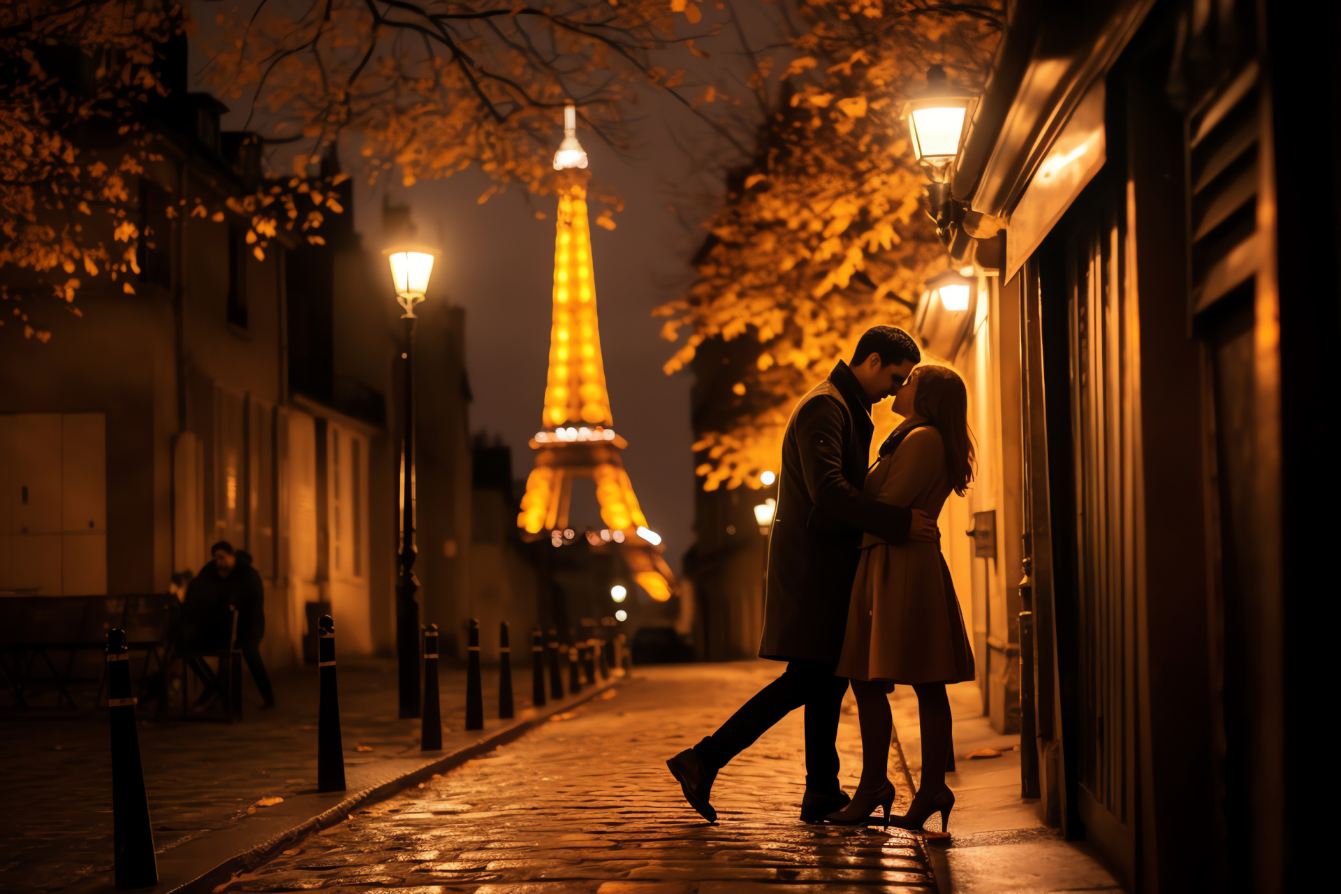 Romantic Anniversary Celebration, Loving Parisian Ambiance, Historic Urban Walkway, French Street Cafs, Couple's Holiday, HD Desktop Image