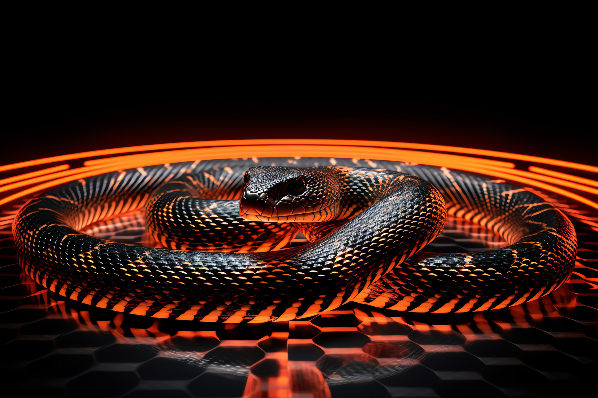 Dangerous serpent, coiled predator, striking coloration, serpentine elegance, glowing allure, HD Desktop Wallpaper