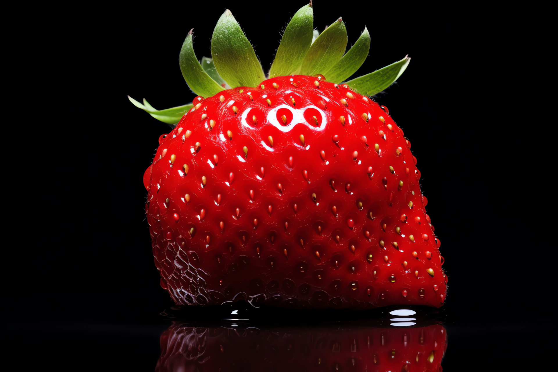 Red fruit close-up, shiny strawberry surface, small seeds detail, ripe berry, reflective shine, HD Desktop Image