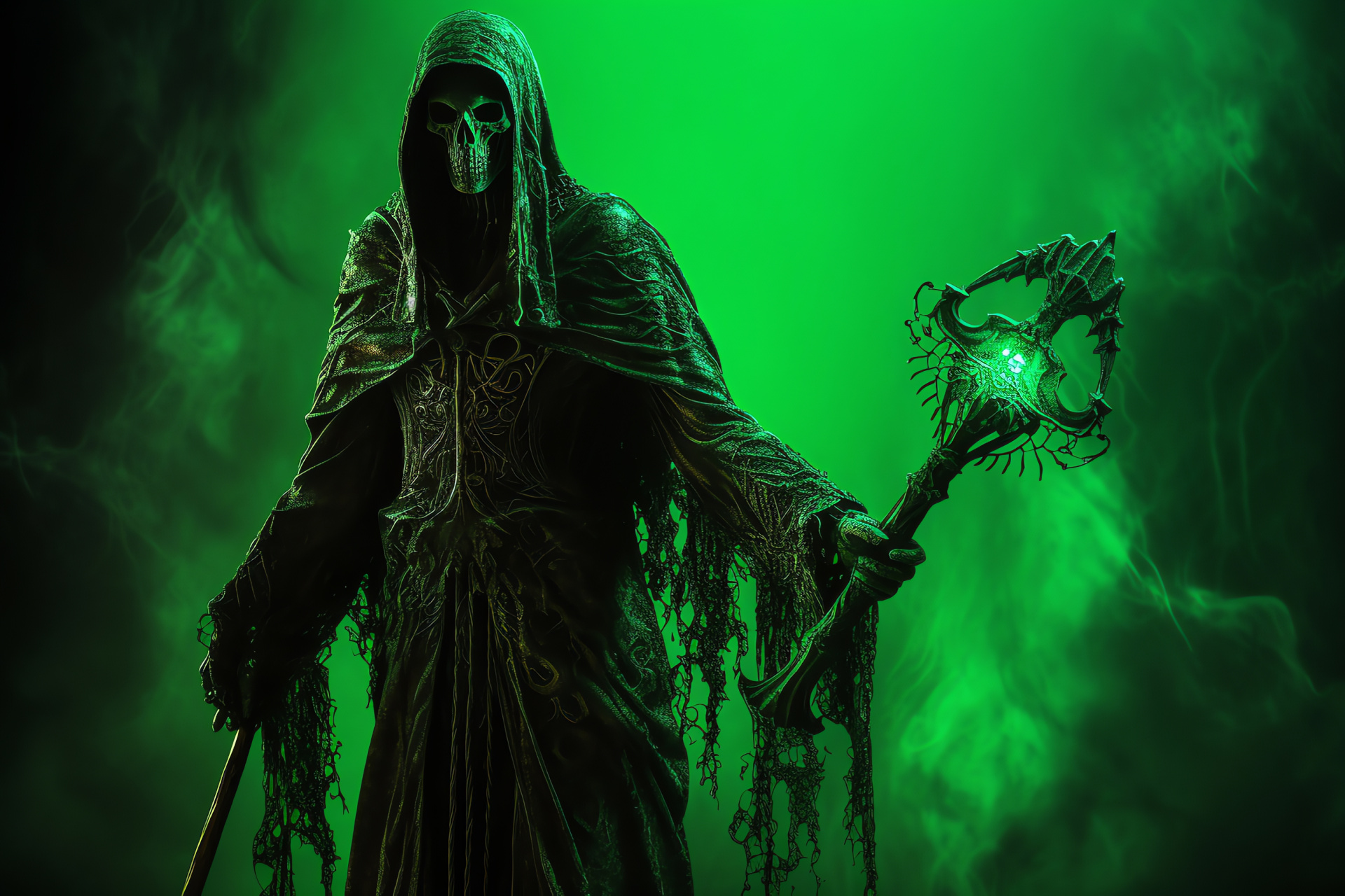 Undead Warlock Mortis, Necromancer character, Supernatural yellow orbs, Decrepit garments, Twisted plant life, HD Desktop Image