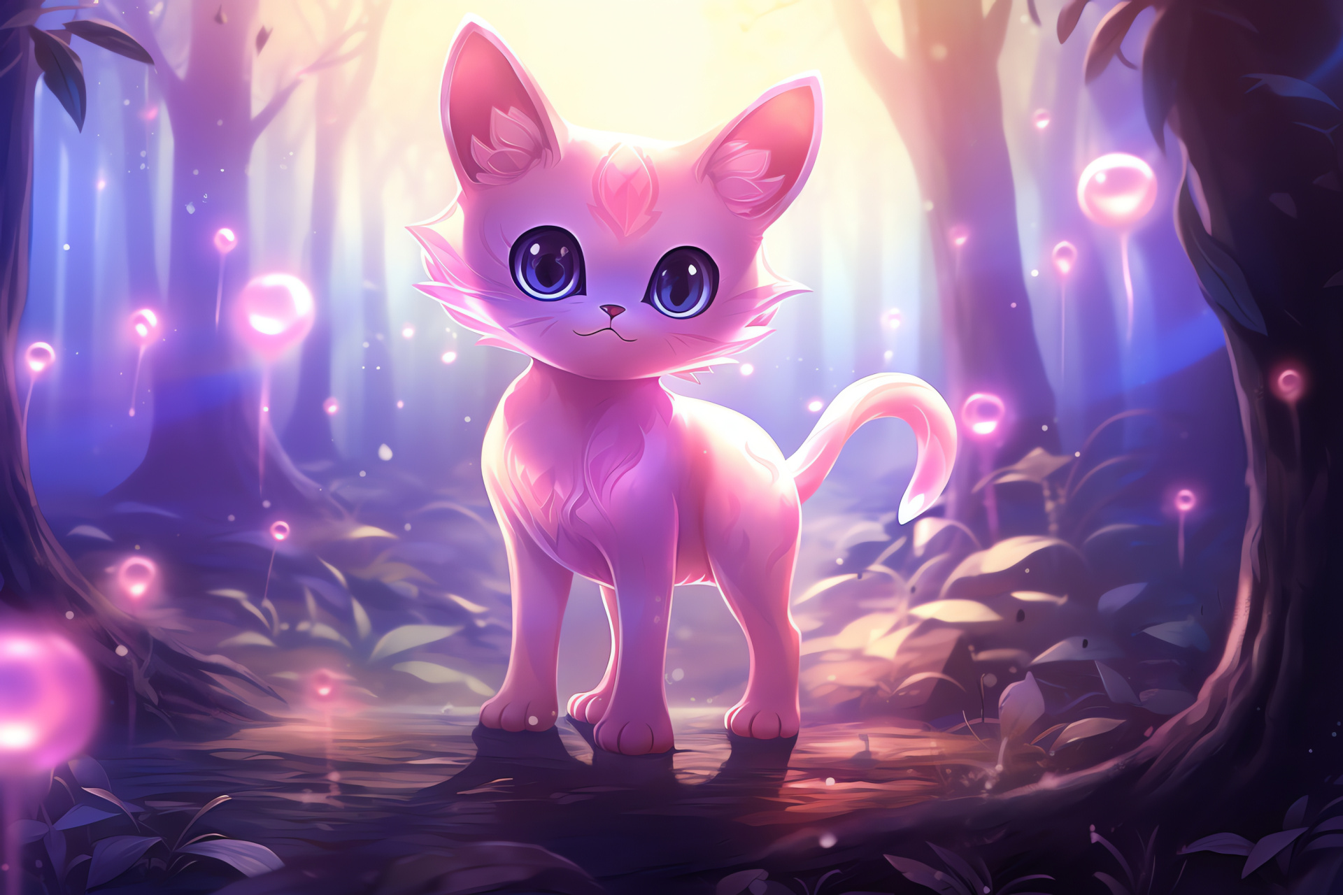 Mew hovering illusion, Rare Pokemon entity, Psychic aura, Soft illumination, Mythical presence, HD Desktop Wallpaper