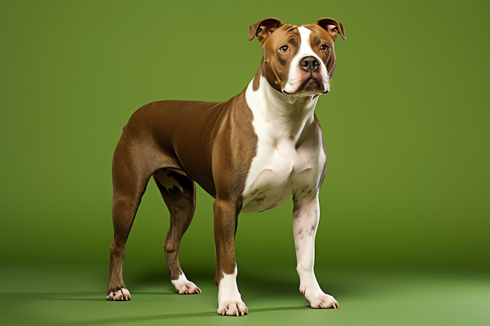 Pit Bull breed, Patchwork fur pattern, Verdant backdrop, Full dog portrait, Lush greenery contrast, HD Desktop Image