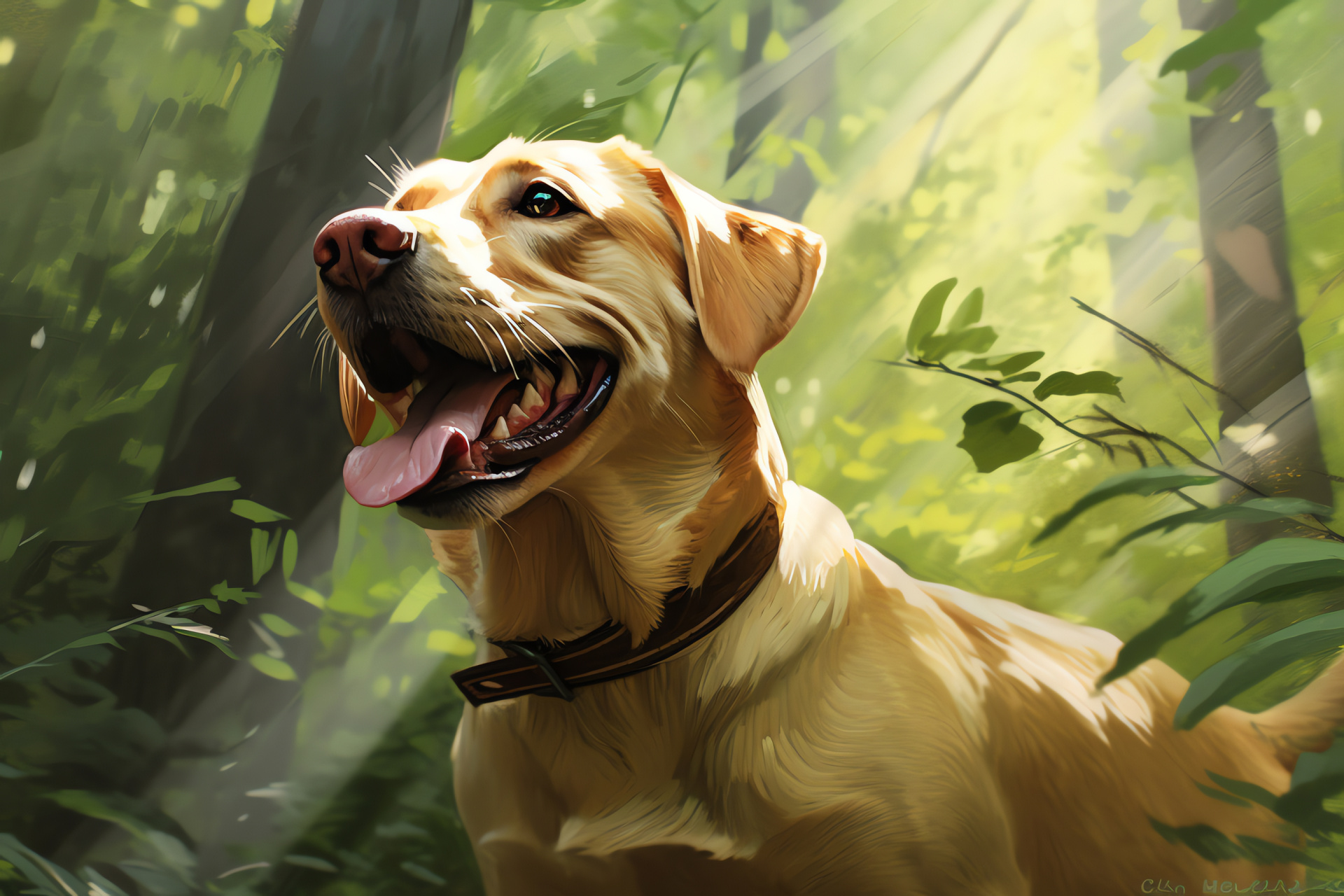 Eager Yellow Lab, Dog exploration, Woodland path, Canine discovery, Verdant undergrowth, HD Desktop Image